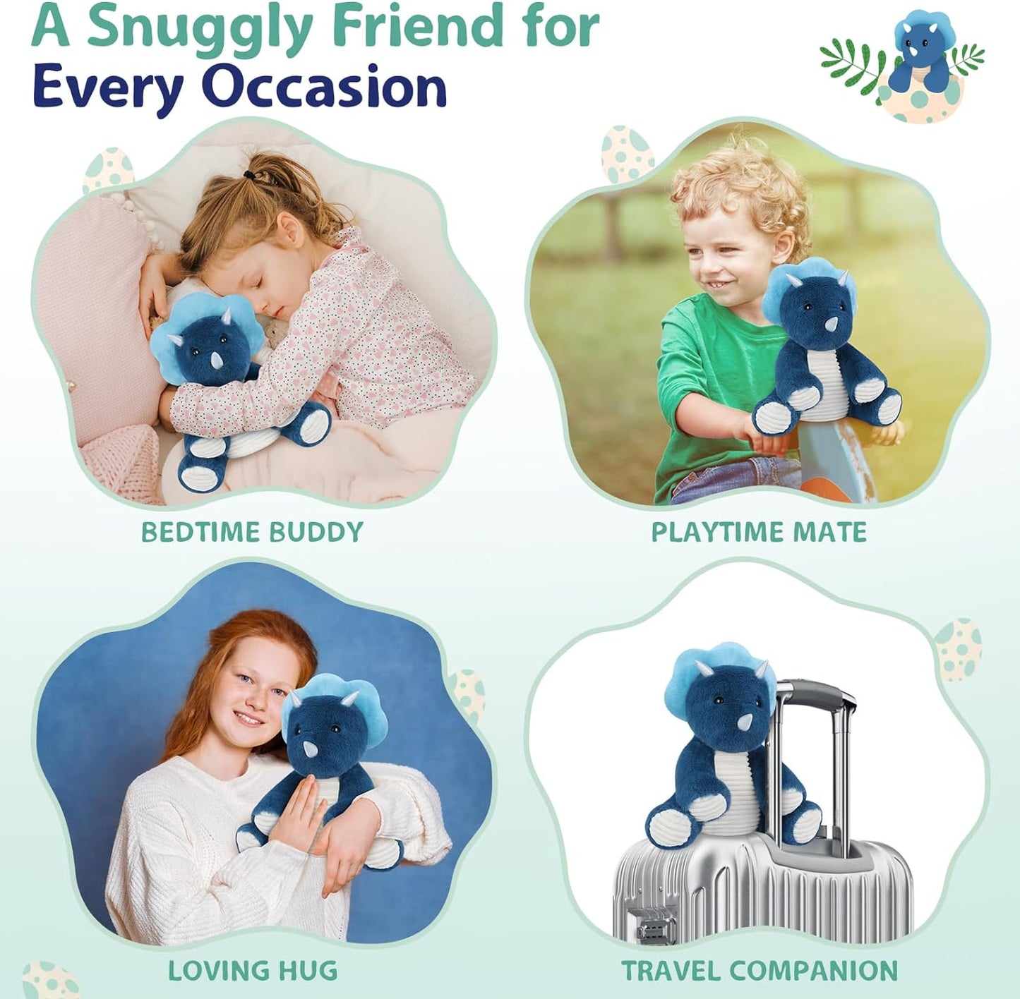 SuzziPals Microwavable Triceratops Dinosaur Stuffed Animals, Heated Stuffed Animal Heating Pads for Cramps & Pain, Navy Blue Dinosaur Plush for Anxiety Stress Relief, Dinasour for Boys, Dinosaur Gifts