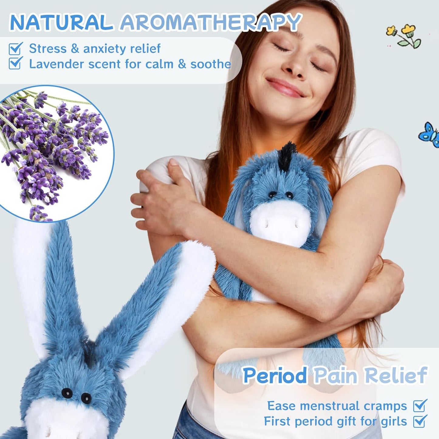 SuzziPals Heatable & Coolable Donkey Stuffed Animals,Microwavable Stuffed Animal Heating Pads for Carmps & Pain, Lavender Scent Donkey Plush for Anxiety, Donkey Plushies Gift for Kids & Aldults
