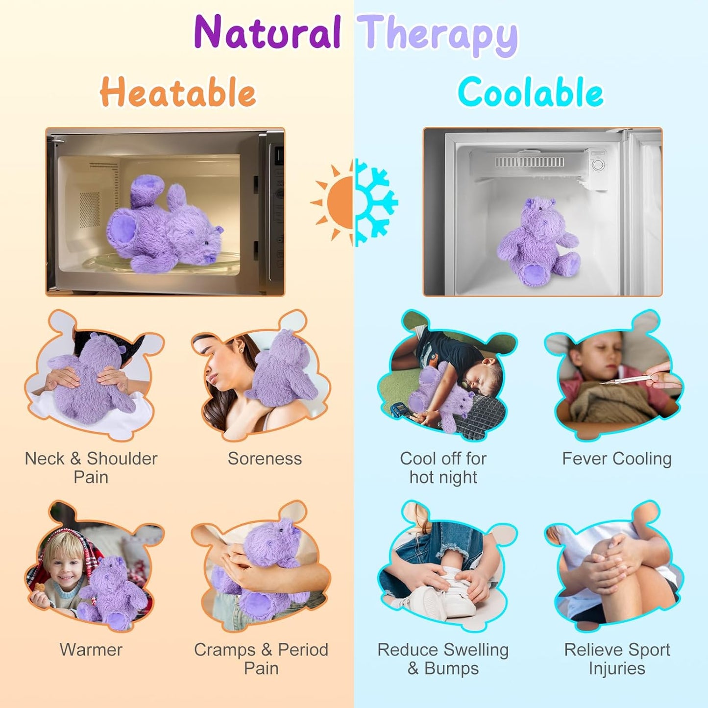 SuzziPals Warmable Hippo Stuffed Animals, Microwave Heating Pads for Cramps, Pain & Stress Relief, Heatable & Coolable Hippopotamus Plush, Cute Plushies, Hippo Toy, Hippo Gifts