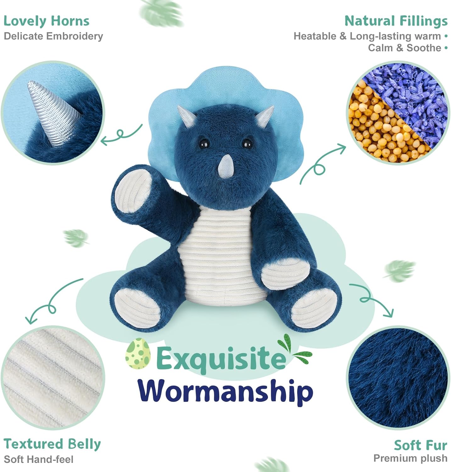 SuzziPals Microwavable Triceratops Dinosaur Stuffed Animals, Heated Stuffed Animal Heating Pads for Cramps & Pain, Navy Blue Dinosaur Plush for Anxiety Stress Relief, Dinasour for Boys, Dinosaur Gifts