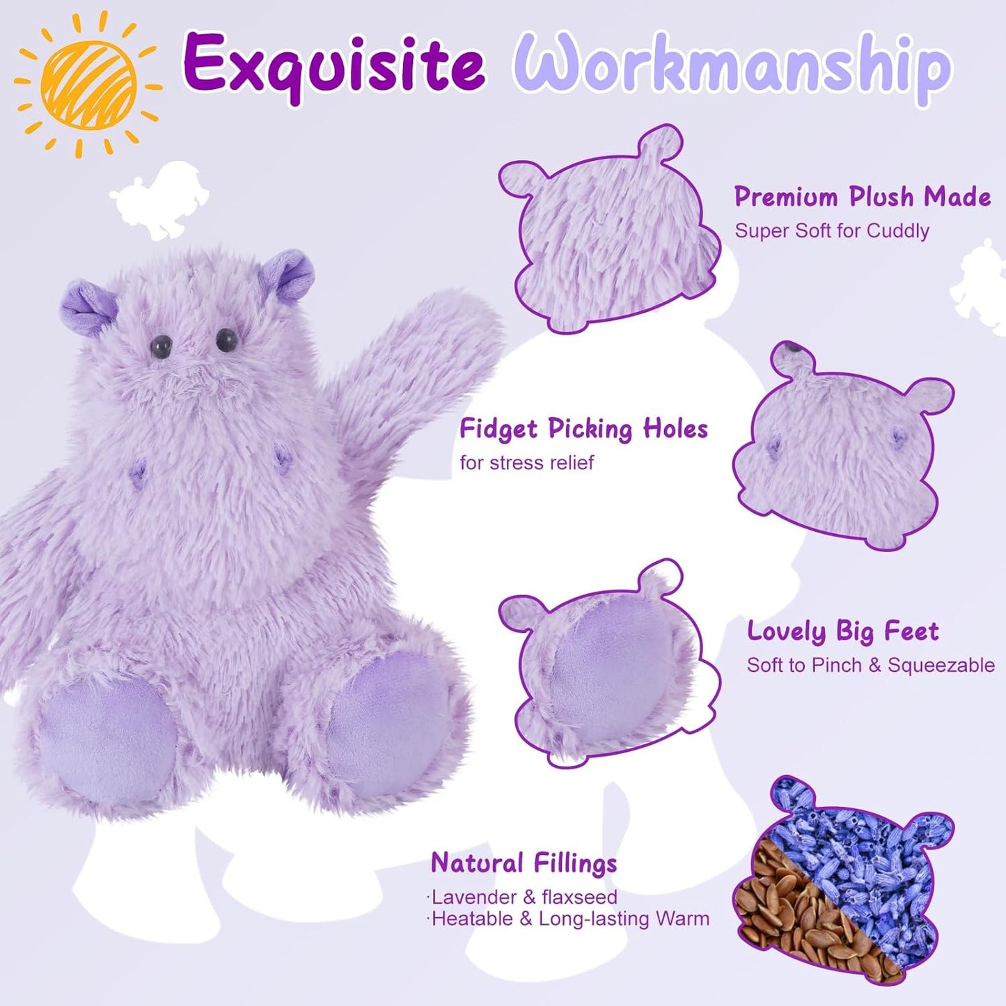 SuzziPals Warmable Hippo Stuffed Animals, Microwave Heating Pads for Cramps, Pain & Stress Relief, Heatable & Coolable Hippopotamus Plush, Cute Plushies, Hippo Toy, Hippo Gifts