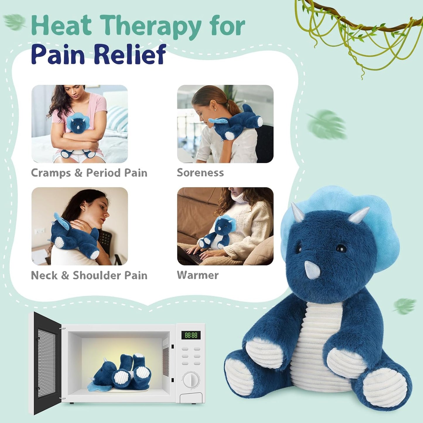 SuzziPals Microwavable Triceratops Dinosaur Stuffed Animals, Heated Stuffed Animal Heating Pads for Cramps & Pain, Navy Blue Dinosaur Plush for Anxiety Stress Relief, Dinasour for Boys, Dinosaur Gifts