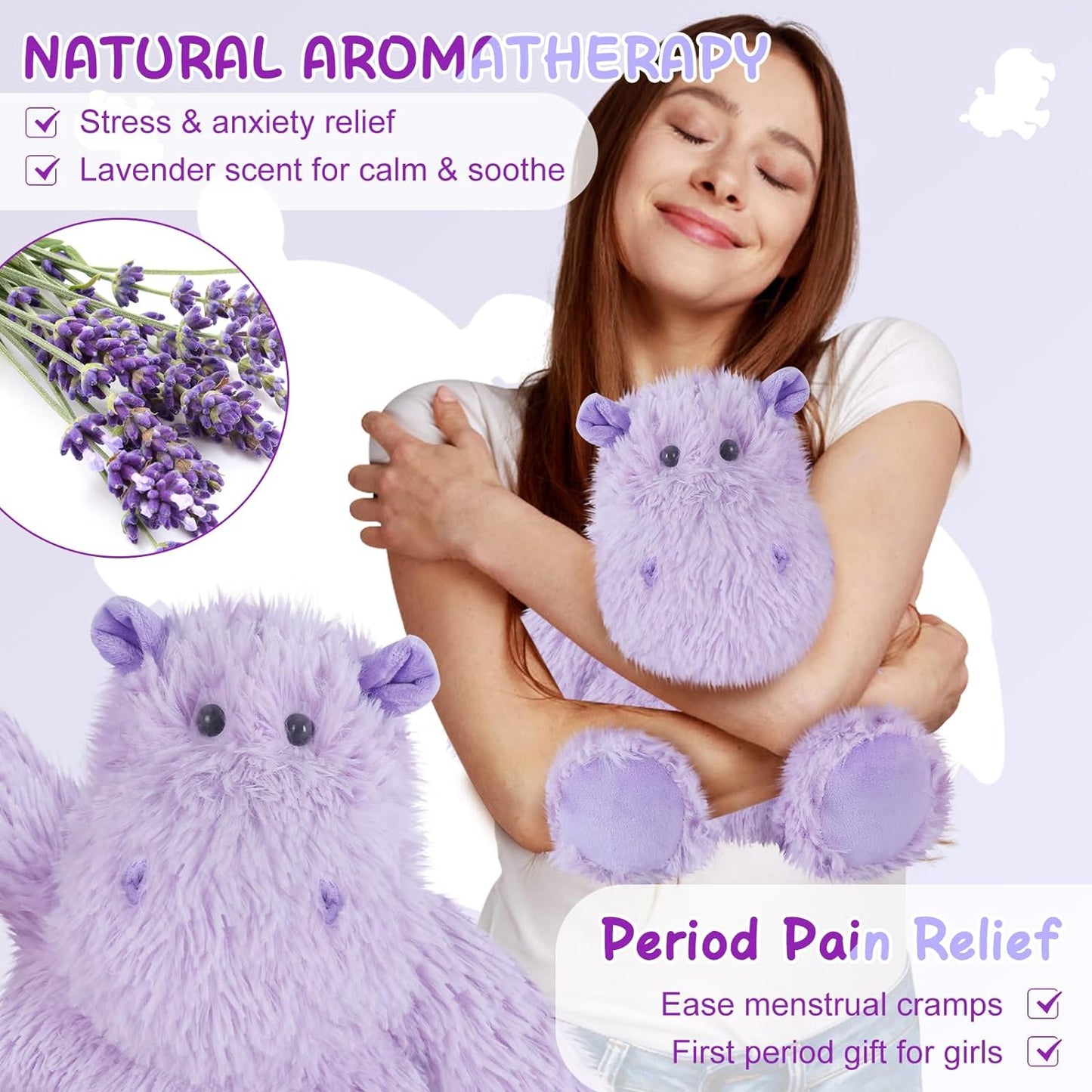 SuzziPals Warmable Hippo Stuffed Animals, Microwave Heating Pads for Cramps, Pain & Stress Relief, Heatable & Coolable Hippopotamus Plush, Cute Plushies, Hippo Toy, Hippo Gifts