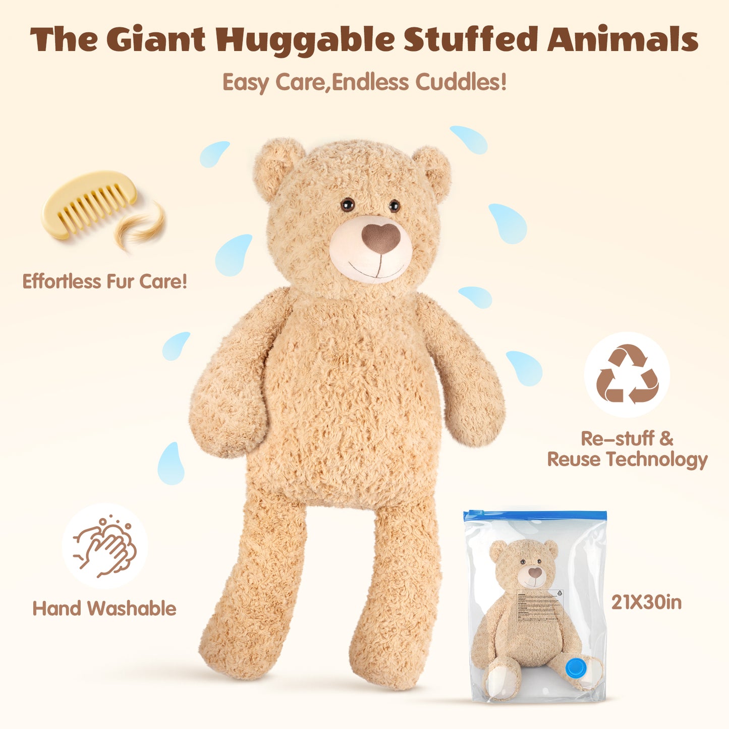 SuzziPals 43 inch Giant Teddy Bear Stuffed Animal, Lifelike Stuffed Animals for Stress Relief & Companion, Extra Soft Fluffy Big Plushies Hugging Pillow, Jumbo Teddy Bears Gifts for Kids Adults