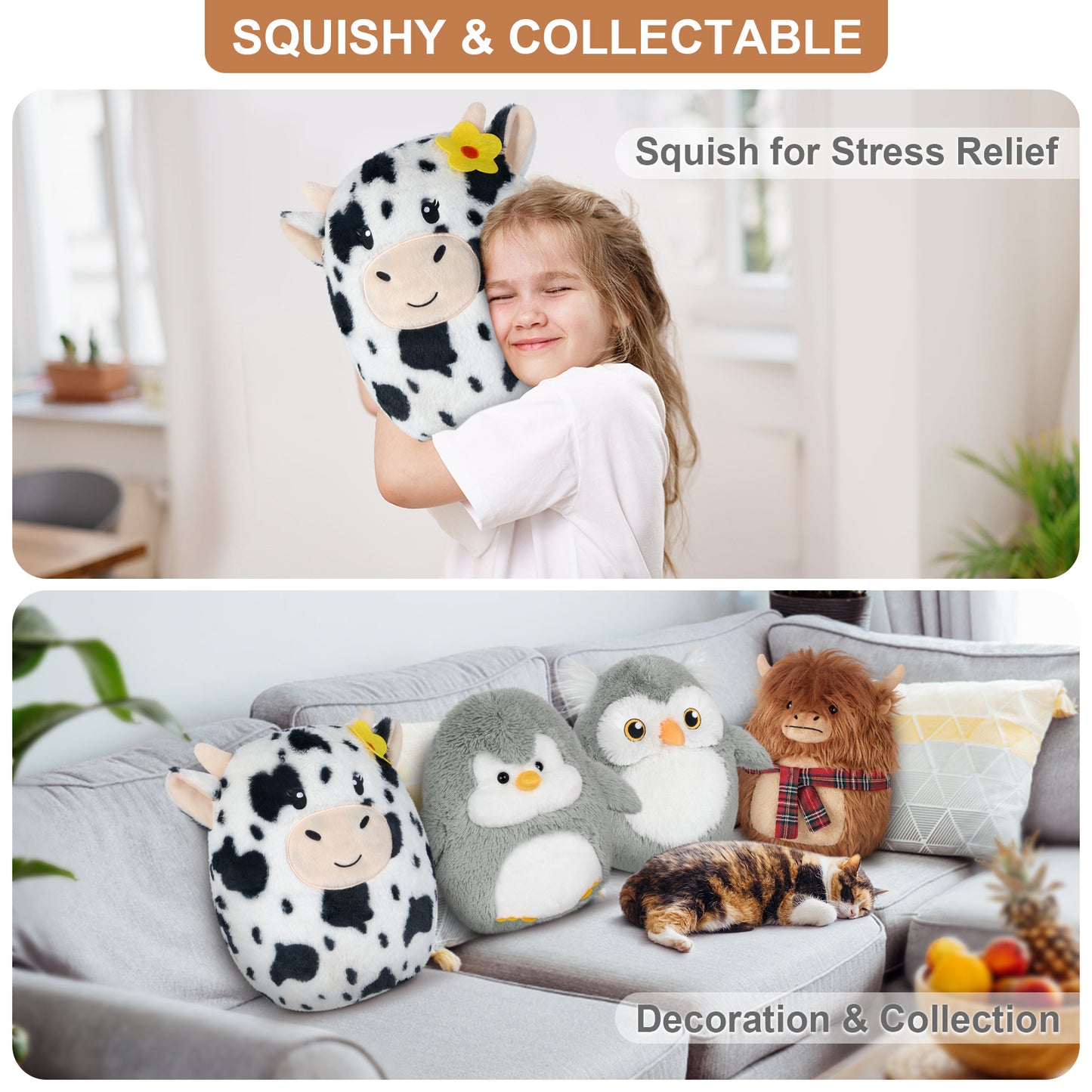 13" Stuffed Cow Plush Pillows, Cow Stuffed Animals Cow Plushies for Squish & Cuddle