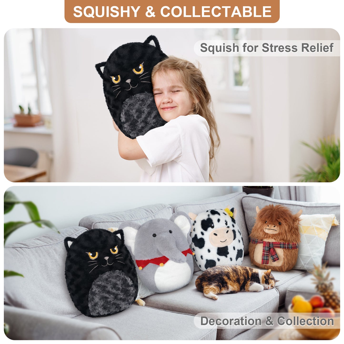 14" Cute Black Cat Plush Pillows, Cute Cat Stuffed Animals for Squish & Collect