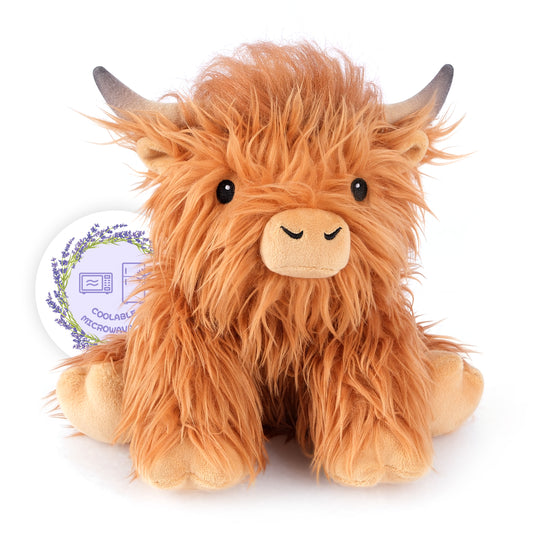 SuzziPals Heatable & Coolable Highland Cow Stuffed Animal, Microwavable Stuffed Animals Heating Pad for Period DIscomfort, Cuddly Cattle Stuffed Animal for Warmth & Comfort, Highland Cow Gifts for kid