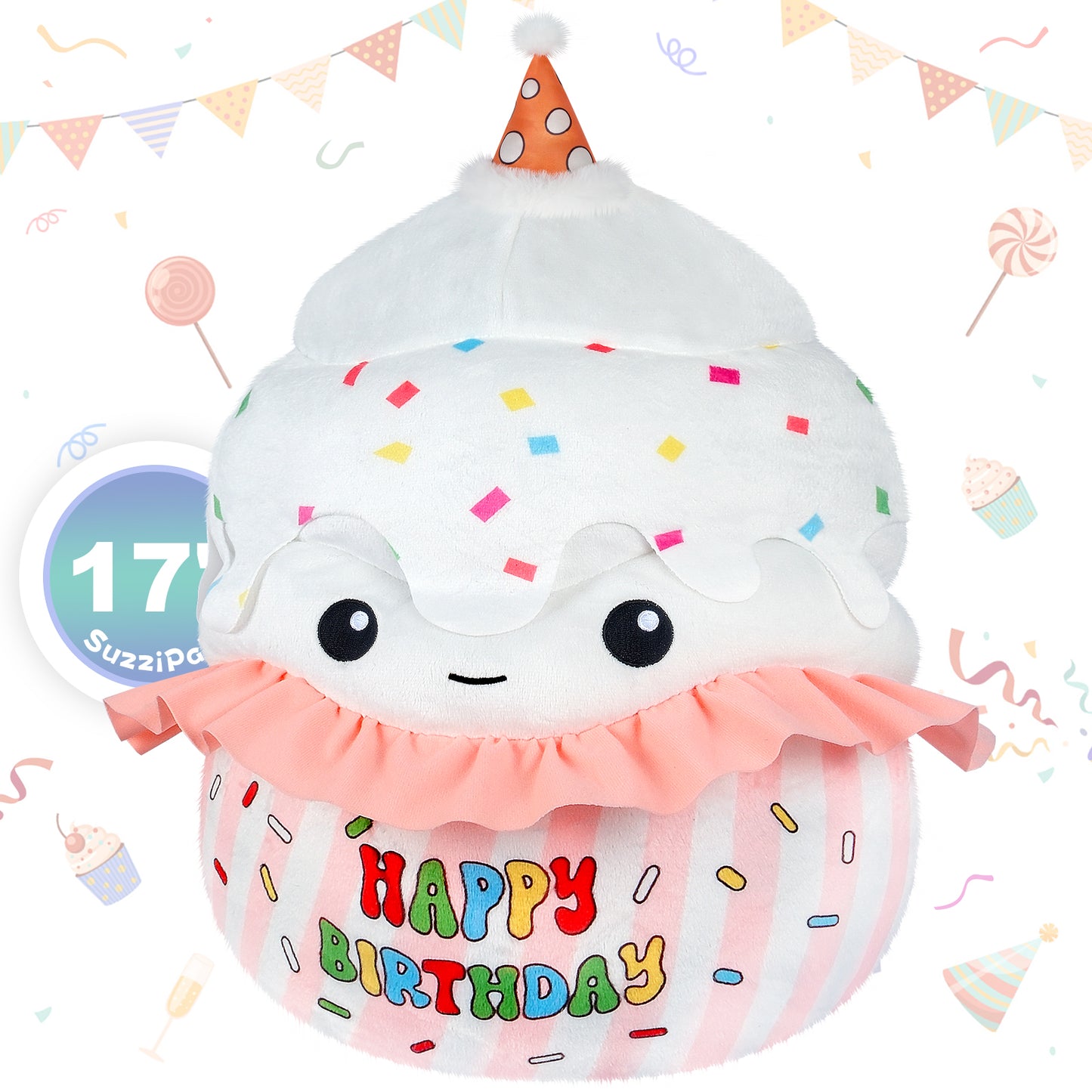 17 inch Happy Birthday Cake Plush Pillows, Squishable Happy Birthday Stuffed Animal, Cute Plushies Cupcake Birthday Plush Room Decor, Cute Plushies Toys Birthday Gifts for Girls Boys Adults