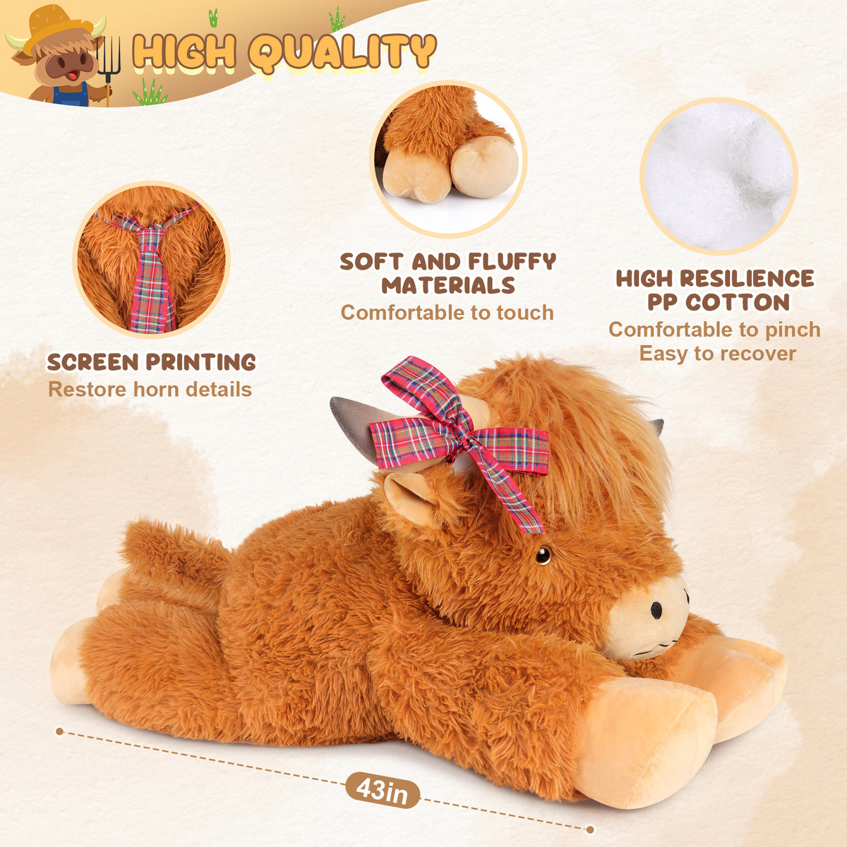 SuzziPals 43 inch Giant Highland Cow Stuffed Animals, Lifelike Big Cow Stuffed Animal for Stress Relief & Companion, Extra Soft Cute Plushies, Huge Emotional Support Plush Toys Gifts for Kids Adults