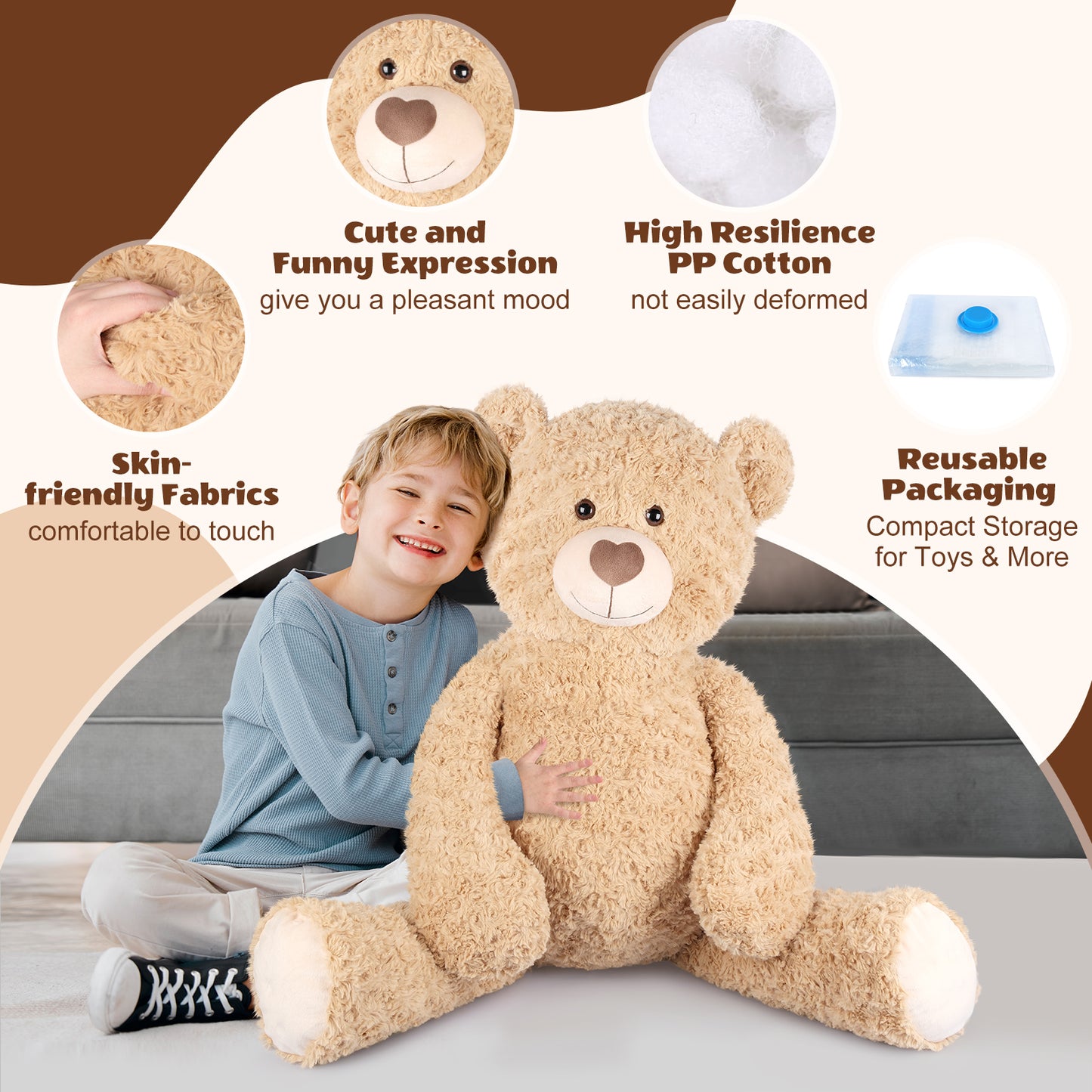 SuzziPals 43 inch Giant Teddy Bear Stuffed Animal, Lifelike Stuffed Animals for Stress Relief & Companion, Extra Soft Fluffy Big Plushies Hugging Pillow, Jumbo Teddy Bears Gifts for Kids Adults