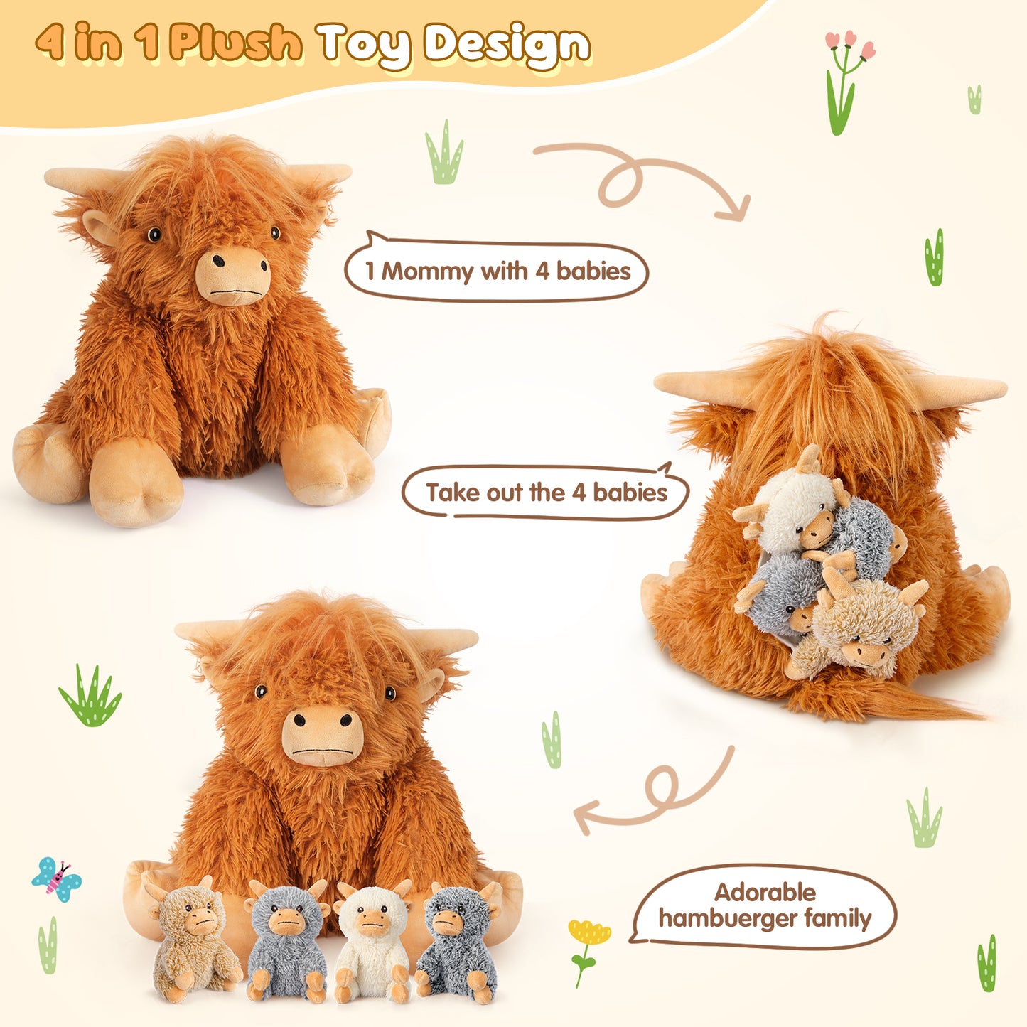 SuzziPals 5-in-1 Highland Cow Stuffed Animals with Babies Inside, 5PC Set Highland Cow Plush Mommy & 4 Babies, Soft Pillow Plushies Decor, Cute 3 to 8 Year Old Girl Gifts, Imaginative Play Toy (Cows)