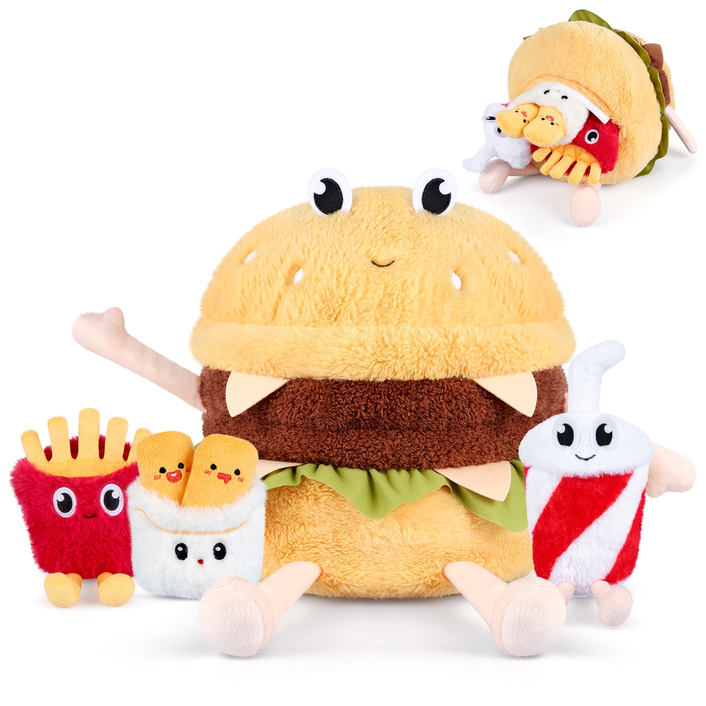4-in-1 Hamburger Plush Toys with Baby Plushies, 4pcs Set Stuffed Animals Surprise Inside, Soft & Squishy Cheeseburger Pillow Plushies Decor, Cuddly Stuffed Toys Gift for Kids & Adults