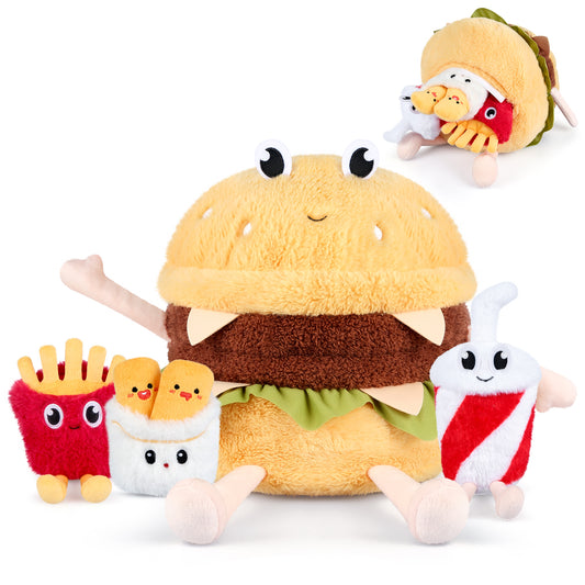 4-in-1 Hamburger Plush Toys with Baby Plushies, 4pcs Set Stuffed Animals Surprise Inside, Soft & Squishy Cheeseburger Pillow Plushies Decor, Cuddly Stuffed Toys Gift for Kids & Adults