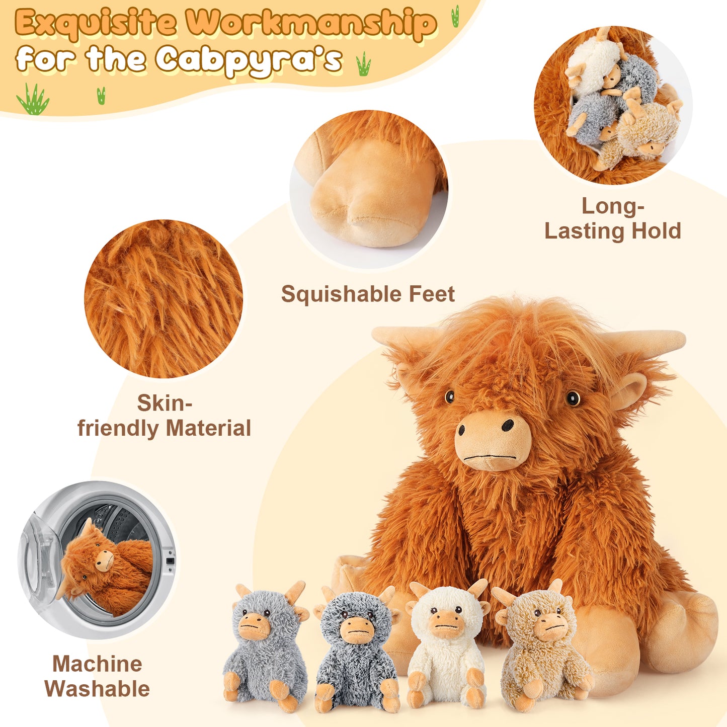SuzziPals 5-in-1 Highland Cow Stuffed Animals with Babies Inside, 5PC Set Highland Cow Plush Mommy & 4 Babies, Soft Pillow Plushies Decor, Cute 3 to 8 Year Old Girl Gifts, Imaginative Play Toy (Cows)