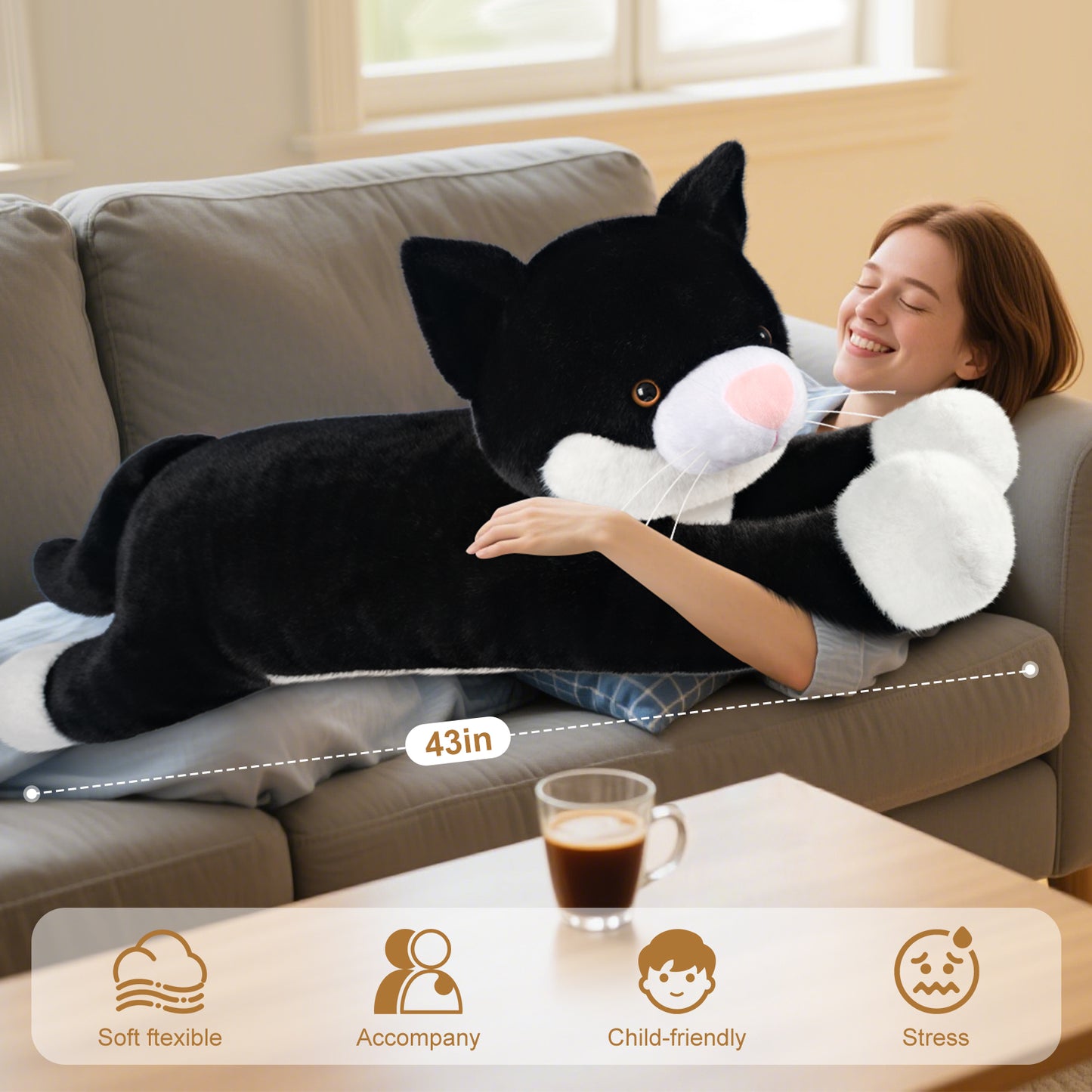 SuzziPals 43 inch Black and White Cat Stuffed Animal, Lifelike Tuxedo Cat Plush Toy for Stress Relief & Companion, Extra Soft Giant Stuffed Animals, Giant Plushies Gifts for Kids Adults