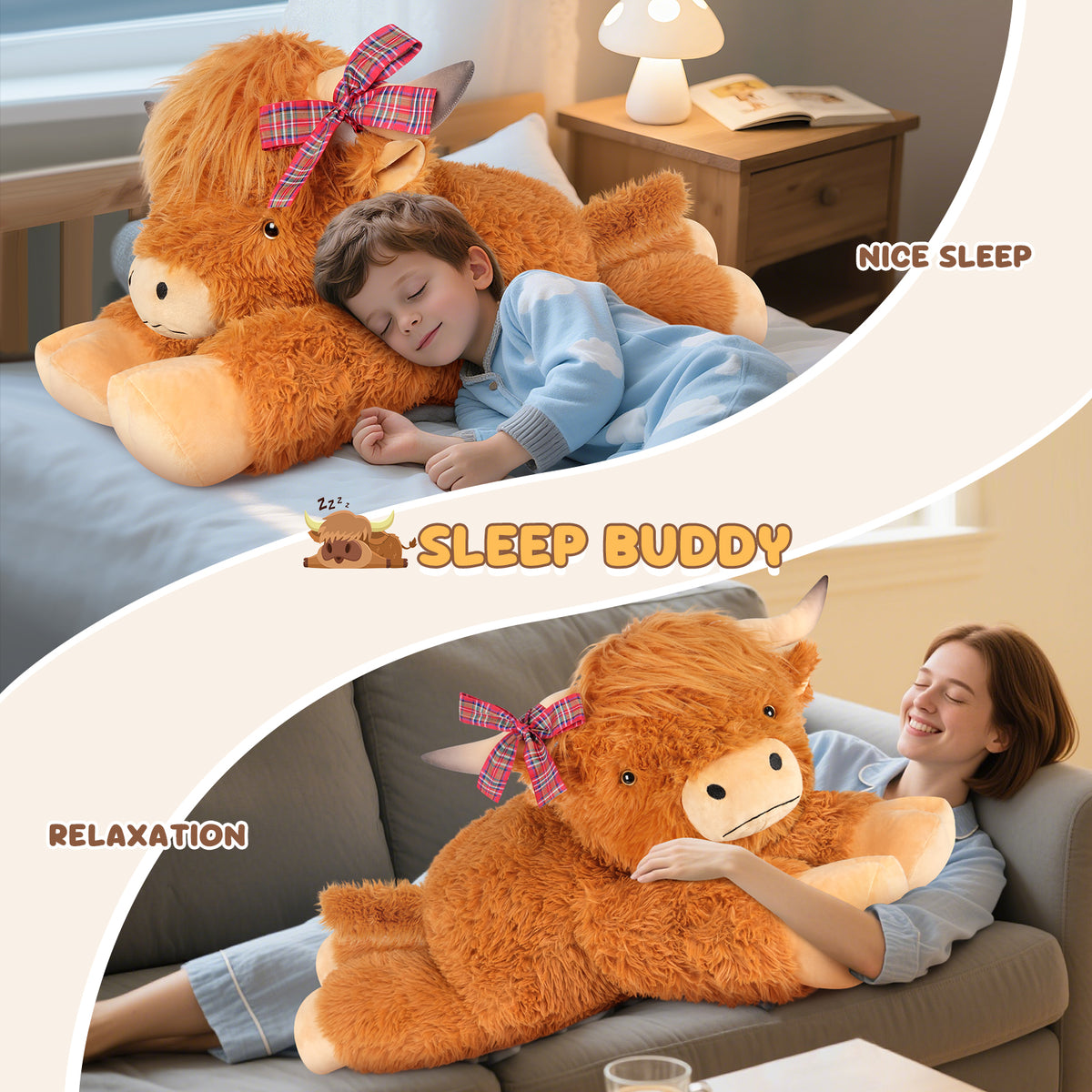 SuzziPals 43 inch Giant Highland Cow Stuffed Animals, Lifelike Big Cow Stuffed Animal for Stress Relief & Companion, Extra Soft Cute Plushies, Huge Emotional Support Plush Toys Gifts for Kids Adults