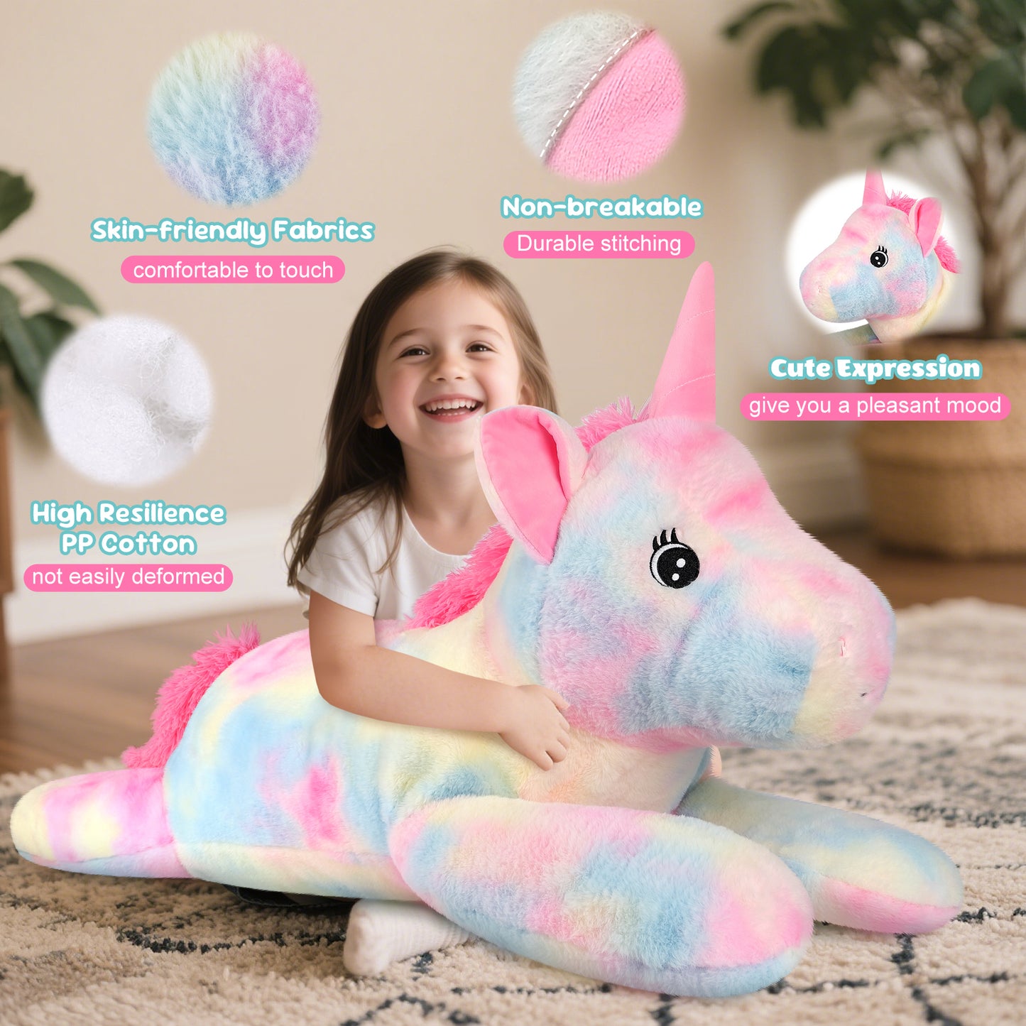SuzziPals 43 inch Giant Unicorn Stuffed Animal, Lifelike Giant Plush Unicorn Toys for Stress Relief & Companion, Soft Big Stuffed Animals, Rainbow Unicorns Big Plushies Gifts for Kids Adults
