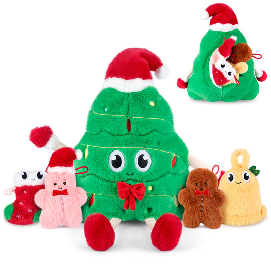 5-in-1 Christmas Tree Stuffed Animal with Babies Inside, 5PC Set Plush Pillow with Mommy & 4 Babies, Christmas Tree Decor, Stuffed Animal Gift, Imaginative Play Toy