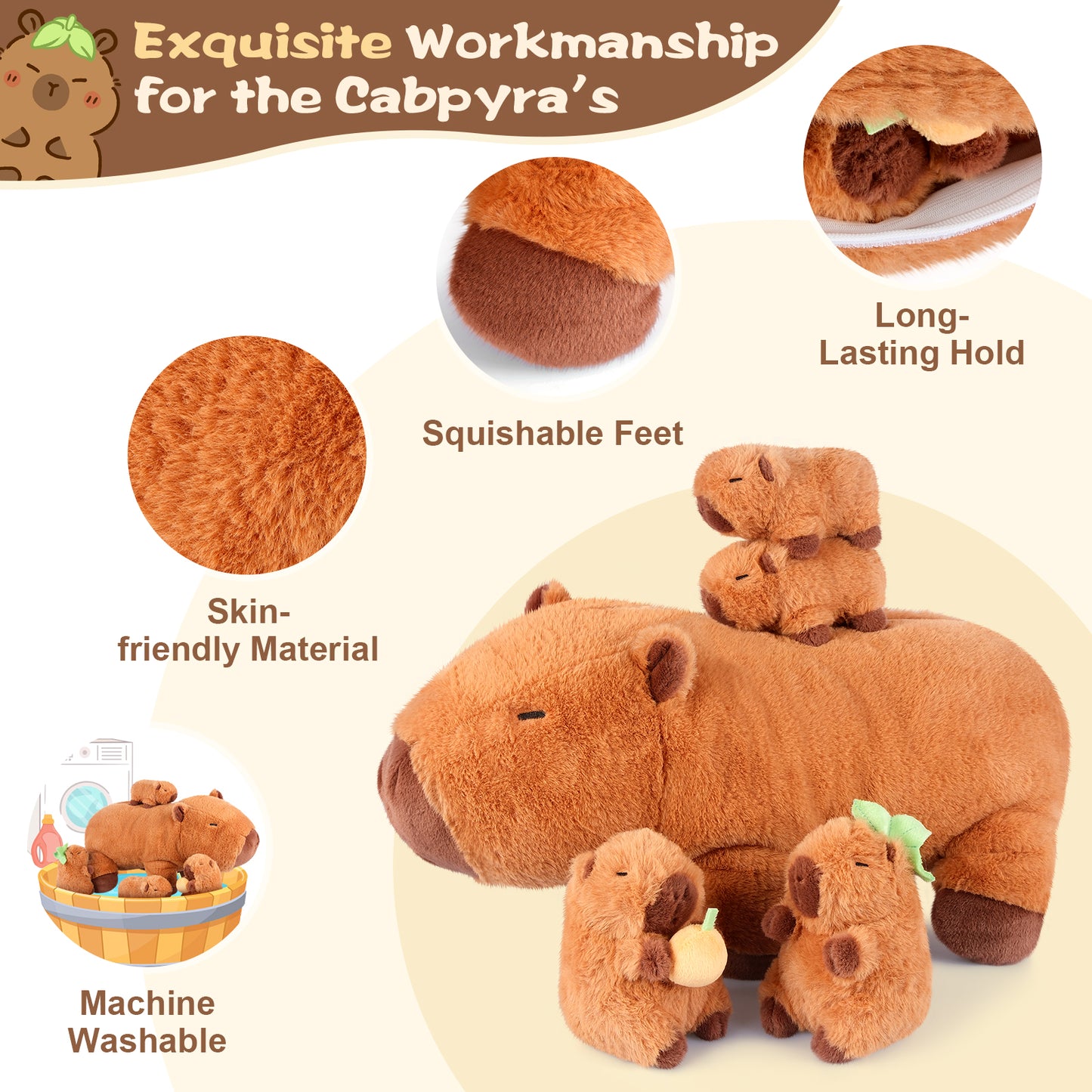 5-in-1 Capybara Stuffed Animals with Babies Inside, 5PC Set Plush with Mommy & 4 Babies, Cute 3 to 8 Year Old Girl Gifts, Imaginative Play Toys