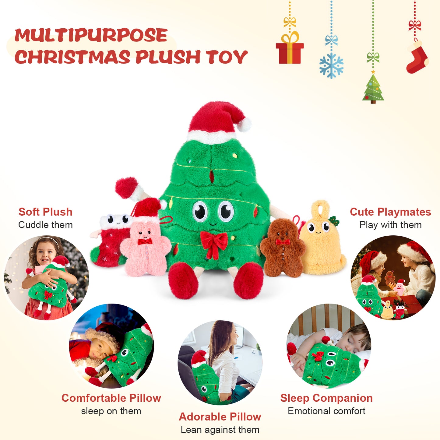 5-in-1 Christmas Tree Stuffed Animal with Babies Inside, 5PC Set Plush Pillow with Mommy & 4 Babies, Christmas Tree Decor, Stuffed Animal Gift, Imaginative Play Toy