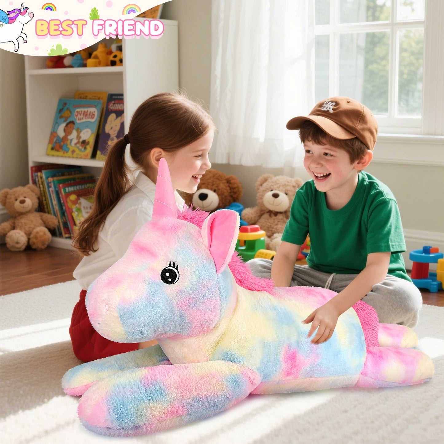 SuzziPals 43 inch Giant Unicorn Stuffed Animal, Lifelike Giant Plush Unicorn Toys for Stress Relief & Companion, Soft Big Stuffed Animals, Rainbow Unicorns Big Plushies Gifts for Kids Adults