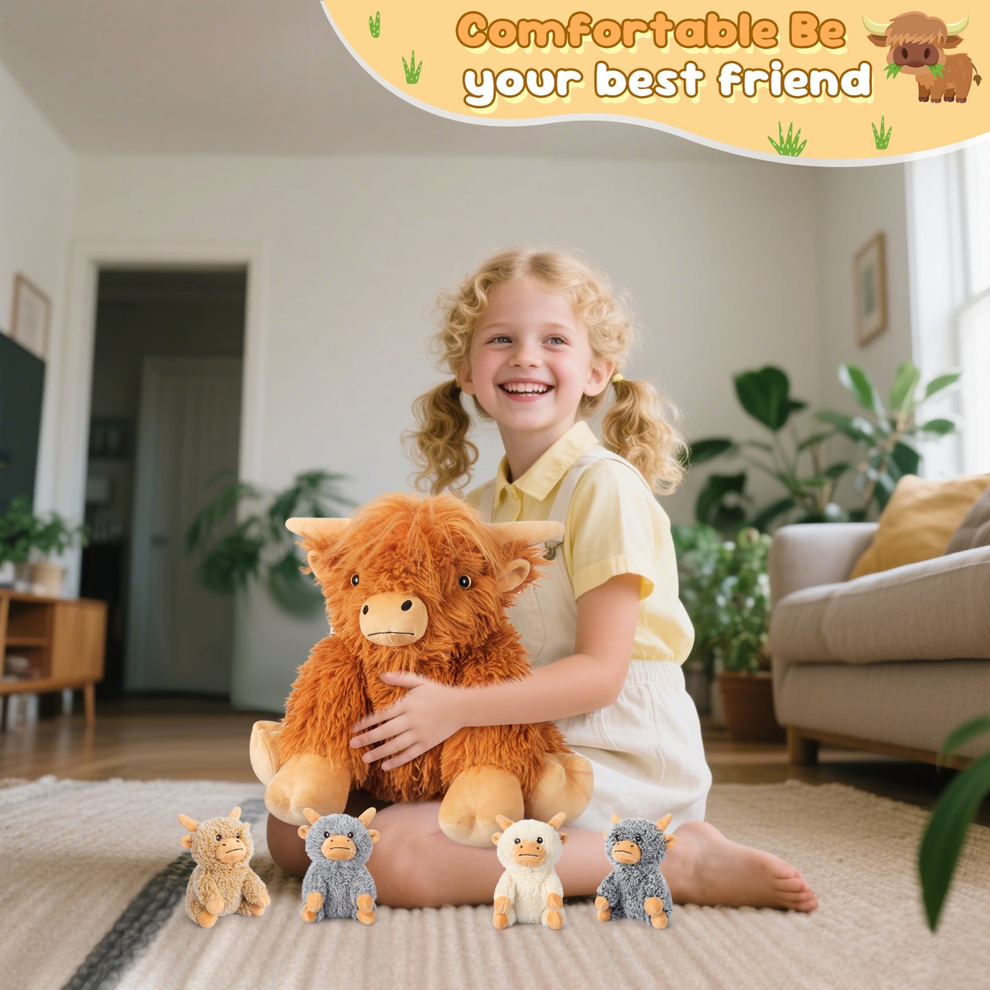 SuzziPals 5-in-1 Highland Cow Stuffed Animals with Babies Inside, 5PC Set Highland Cow Plush Mommy & 4 Babies, Soft Pillow Plushies Decor, Cute 3 to 8 Year Old Girl Gifts, Imaginative Play Toy (Cows)