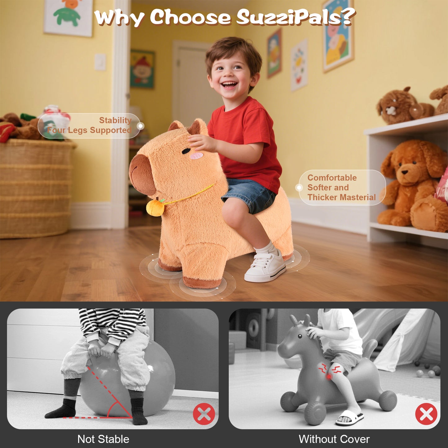 SuzziPals Bouncy Capybara Hopper Toys, Inflatable Ride on Toy with Plush Cover, Indoor & Outdoor Hopping Bouncing Animals for Toddlers Kids Adults, Capybara Stuffed Animal Hopping Toddler Gifts