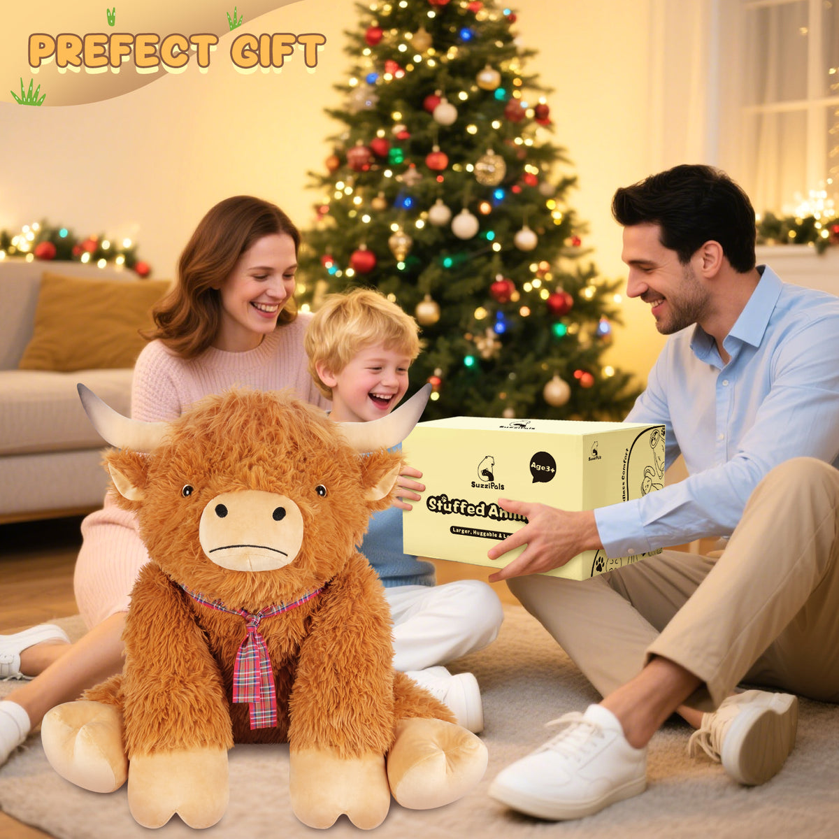 SuzziPals 43 inch Giant Highland Cow Stuffed Animals, Lifelike Big Cow Stuffed Animal for Stress Relief & Companion, Extra Soft Cute Plushies, Huge Emotional Support Plush Toys Gifts for Kids Adults