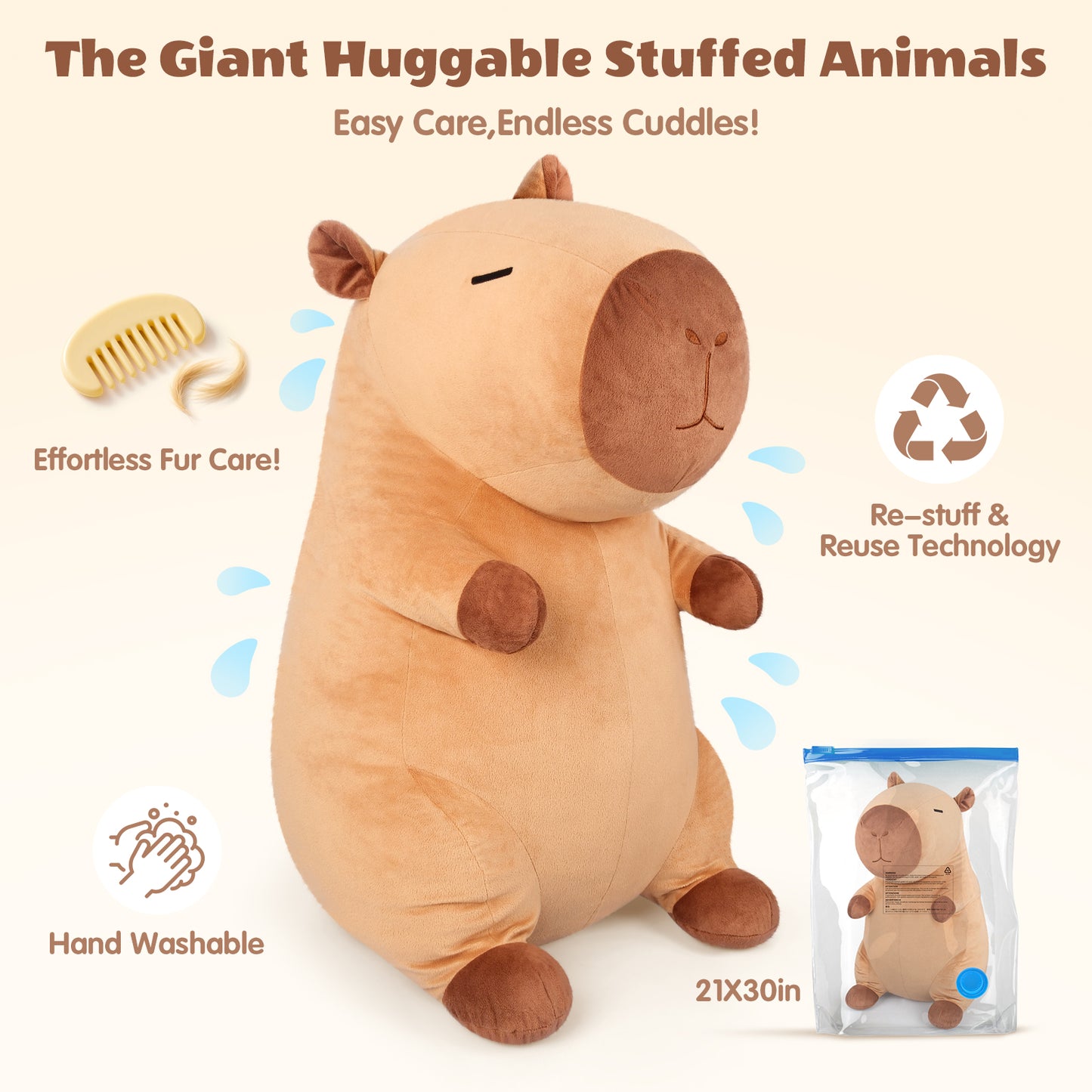 SuzziPals Giant Capybara Plush 30", Jumbo Soft Capybara Stuffed Animal, Giant Plush Toys Hugging Pillow for Stress Relief & Sleep Aid, Huge Cuddly Capibara Plushie Gift for Kids Adults