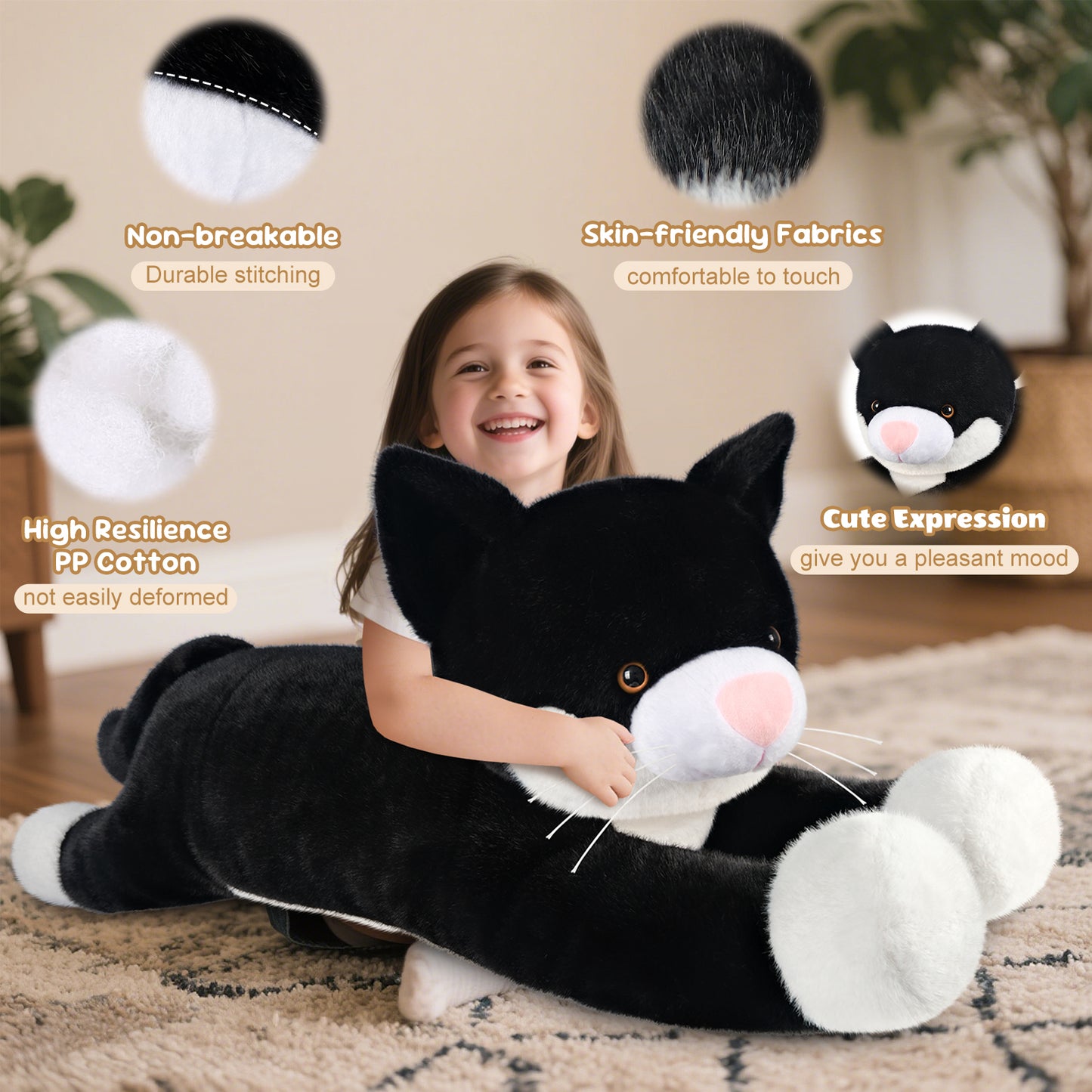 SuzziPals 43 inch Black and White Cat Stuffed Animal, Lifelike Tuxedo Cat Plush Toy for Stress Relief & Companion, Extra Soft Giant Stuffed Animals, Giant Plushies Gifts for Kids Adults