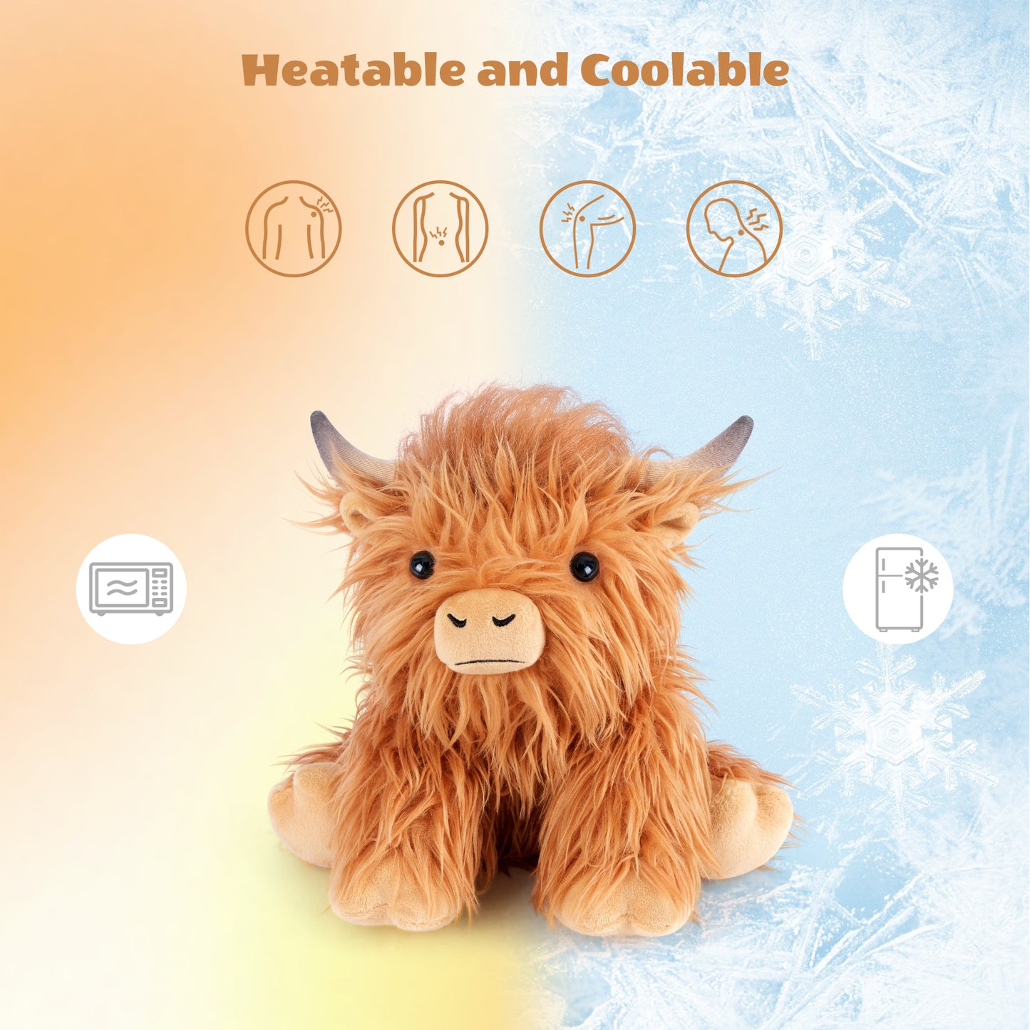SuzziPals Heatable & Coolable Highland Cow Stuffed Animal, Microwavable Stuffed Animals Heating Pad for Period DIscomfort, Cuddly Cattle Stuffed Animal for Warmth & Anxiety, Highland Cow Gifts for kid