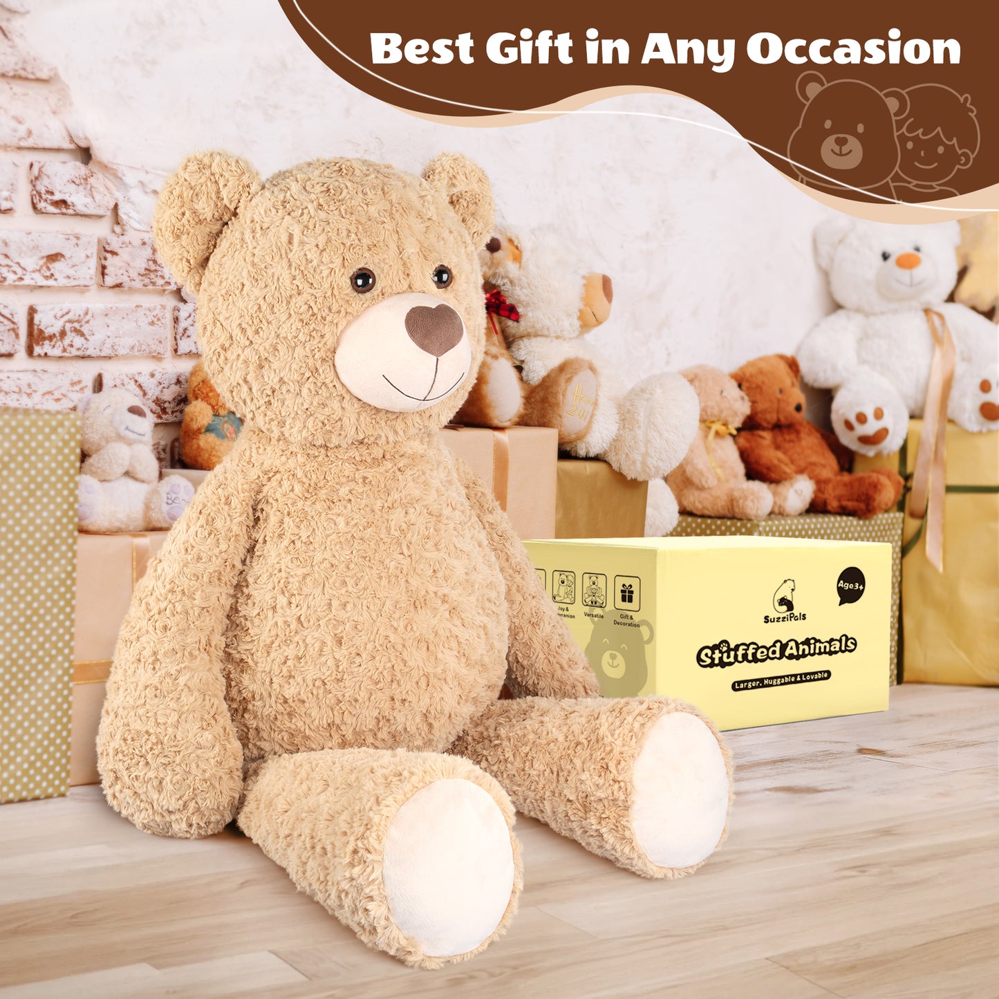 SuzziPals 43 inch Giant Teddy Bear Stuffed Animal, Lifelike Stuffed Animals for Stress Relief & Companion, Extra Soft Fluffy Big Plushies Hugging Pillow, Jumbo Teddy Bears Gifts for Kids Adults
