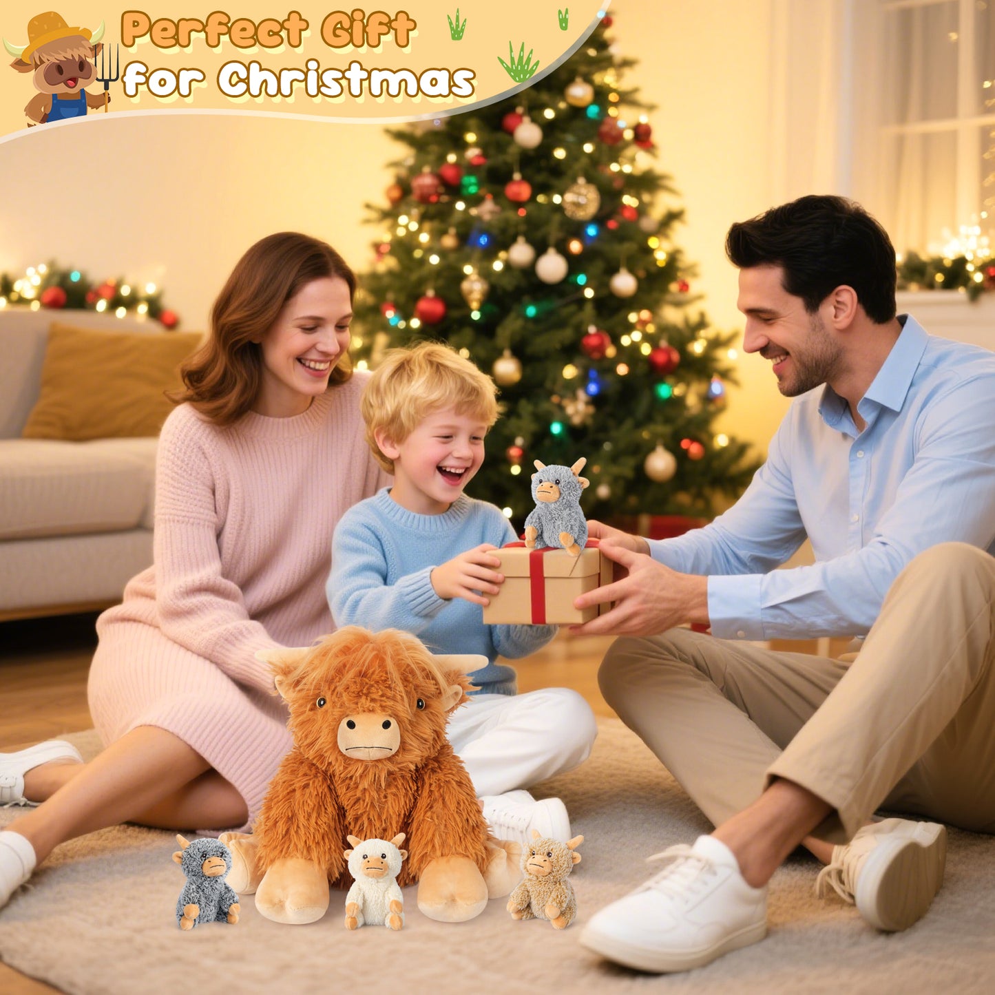 SuzziPals 5-in-1 Highland Cow Stuffed Animals with Babies Inside, 5PC Set Highland Cow Plush Mommy & 4 Babies, Soft Pillow Plushies Decor, Cute 3 to 8 Year Old Girl Gifts, Imaginative Play Toy (Cows)
