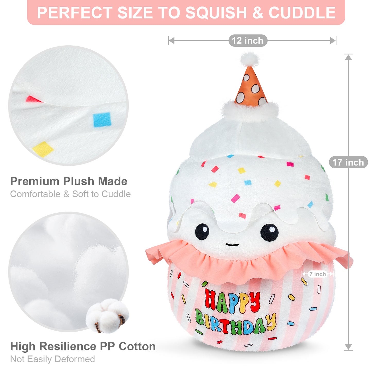 17 inch Happy Birthday Cake Plush Pillows, Squishable Happy Birthday Stuffed Animal, Cute Plushies Cupcake Birthday Plush Room Decor, Cute Plushies Toys Birthday Gifts for Girls Boys Adults