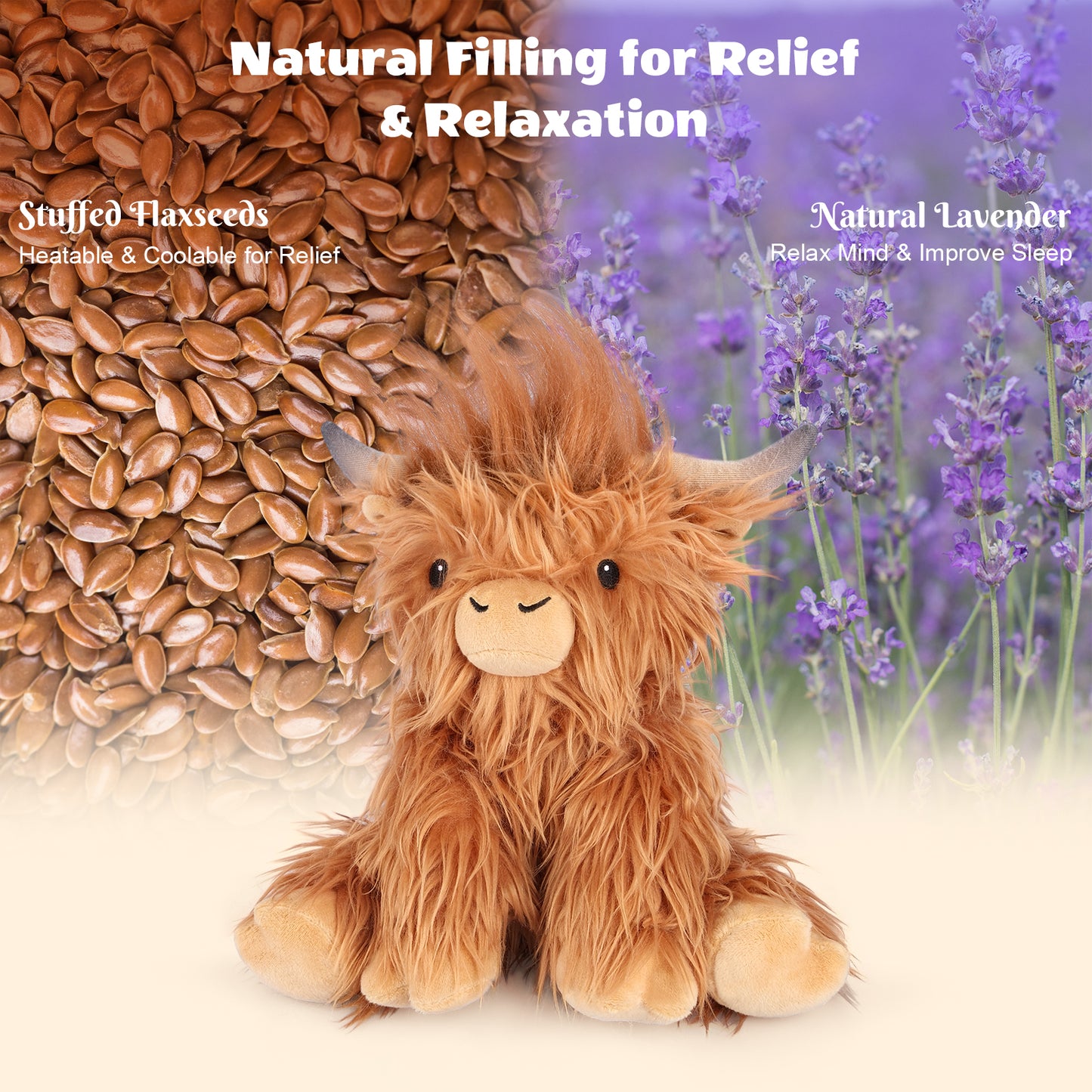 SuzziPals Heatable & Coolable Highland Cow Stuffed Animal, Microwavable Stuffed Animals Heating Pad for Period DIscomfort, Cuddly Cattle Stuffed Animal for Warmth & Comfort, Highland Cow Gifts for kid