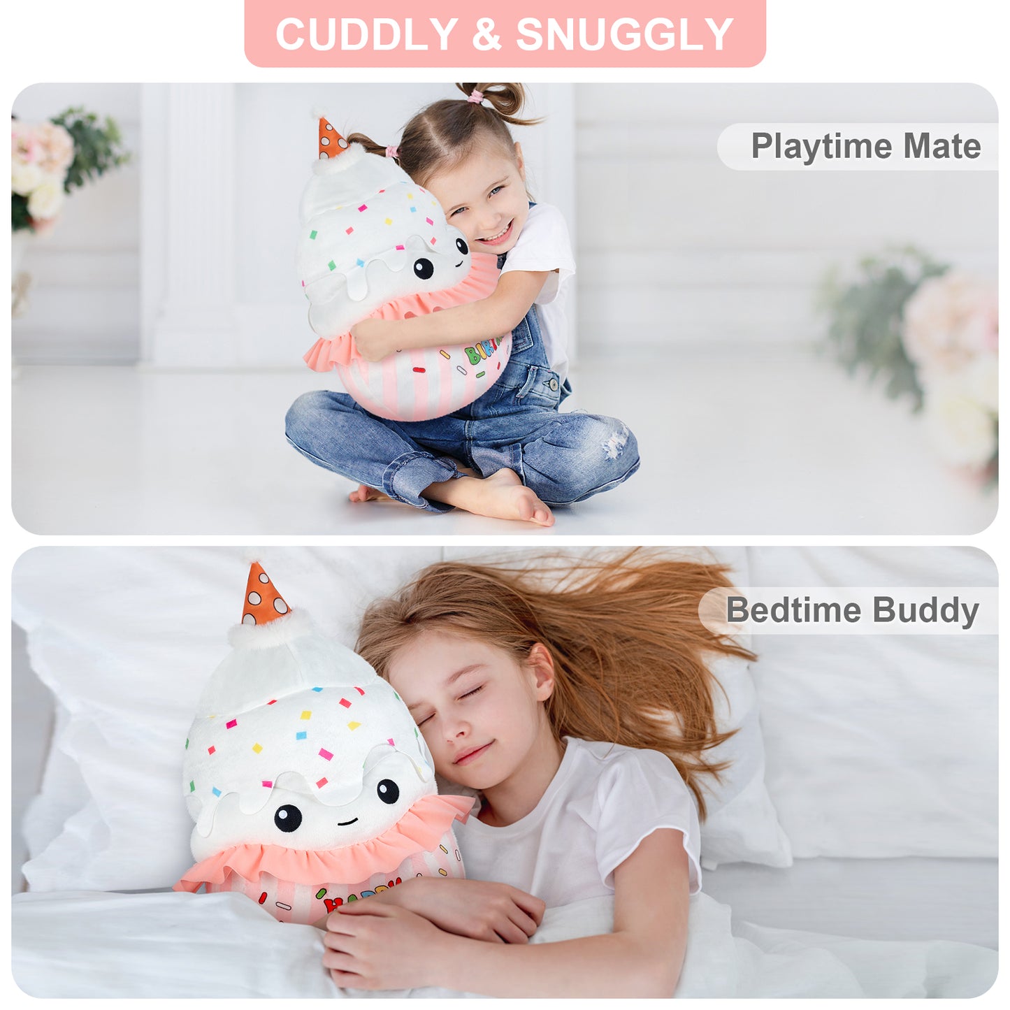 17 inch Happy Birthday Cake Plush Pillows, Squishable Happy Birthday Stuffed Animal, Cute Plushies Cupcake Birthday Plush Room Decor, Cute Plushies Toys Birthday Gifts for Girls Boys Adults