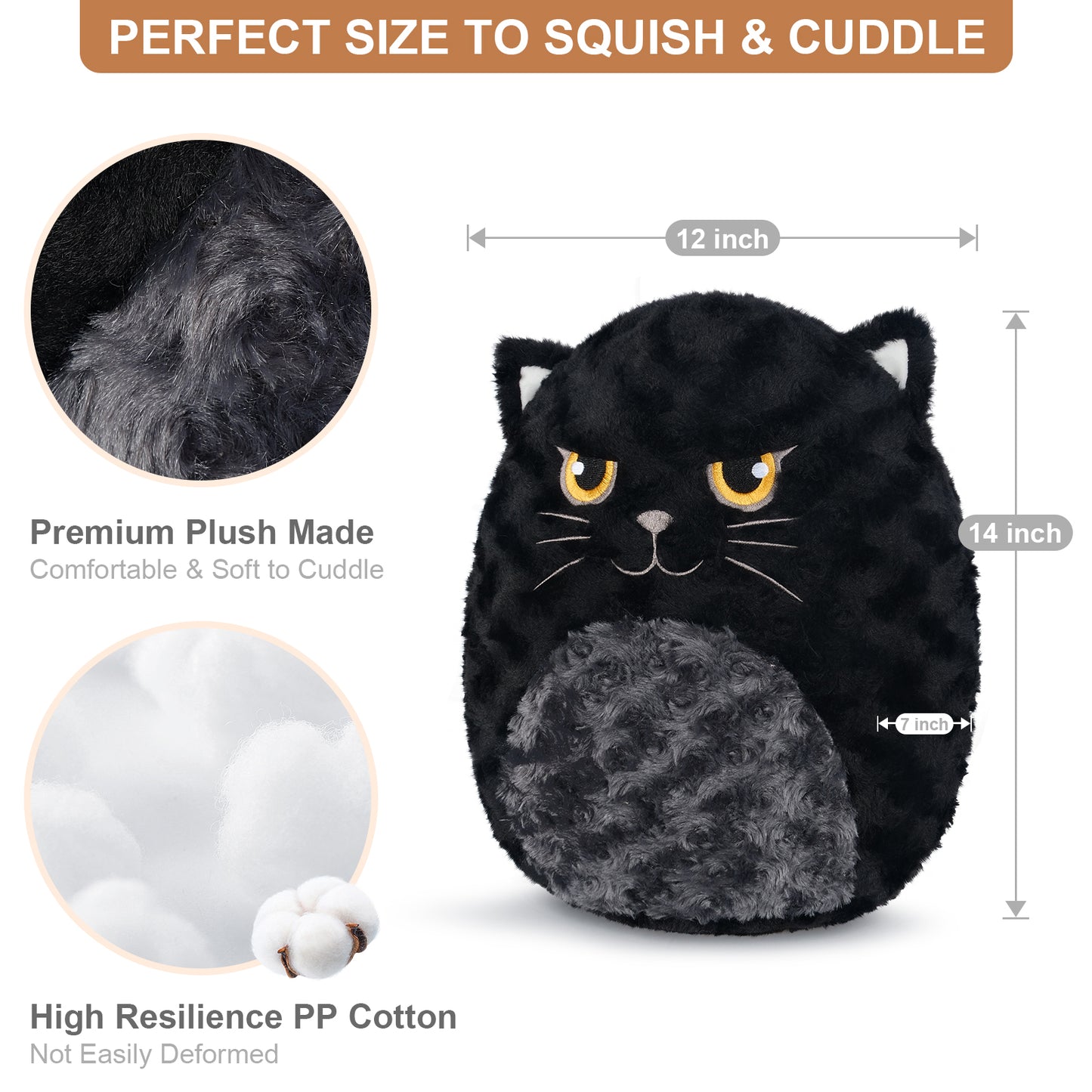 14" Cute Black Cat Plush Pillows, Cute Cat Stuffed Animals for Squish & Collect