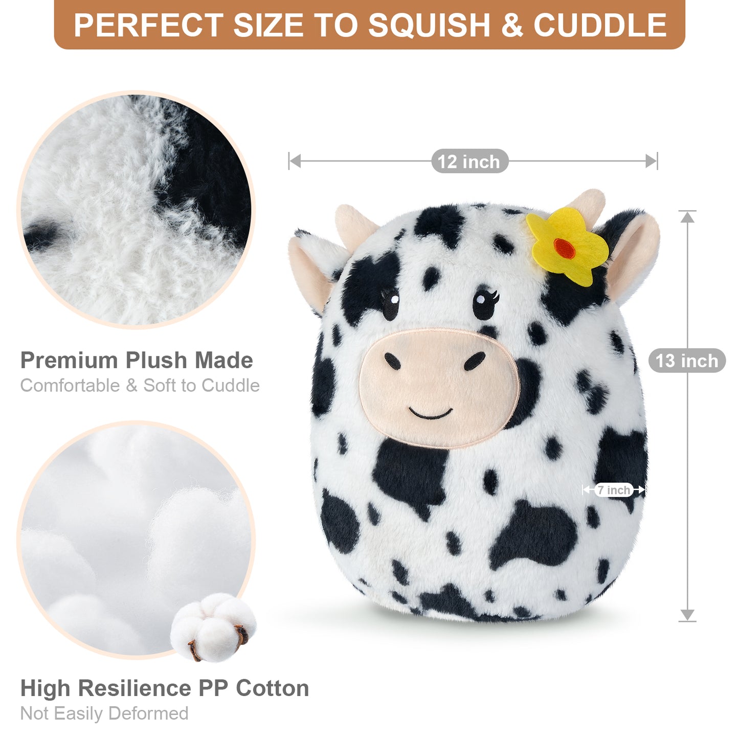 13" Stuffed Cow Plush Pillows, Cow Stuffed Animals Cow Plushies for Squish & Cuddle