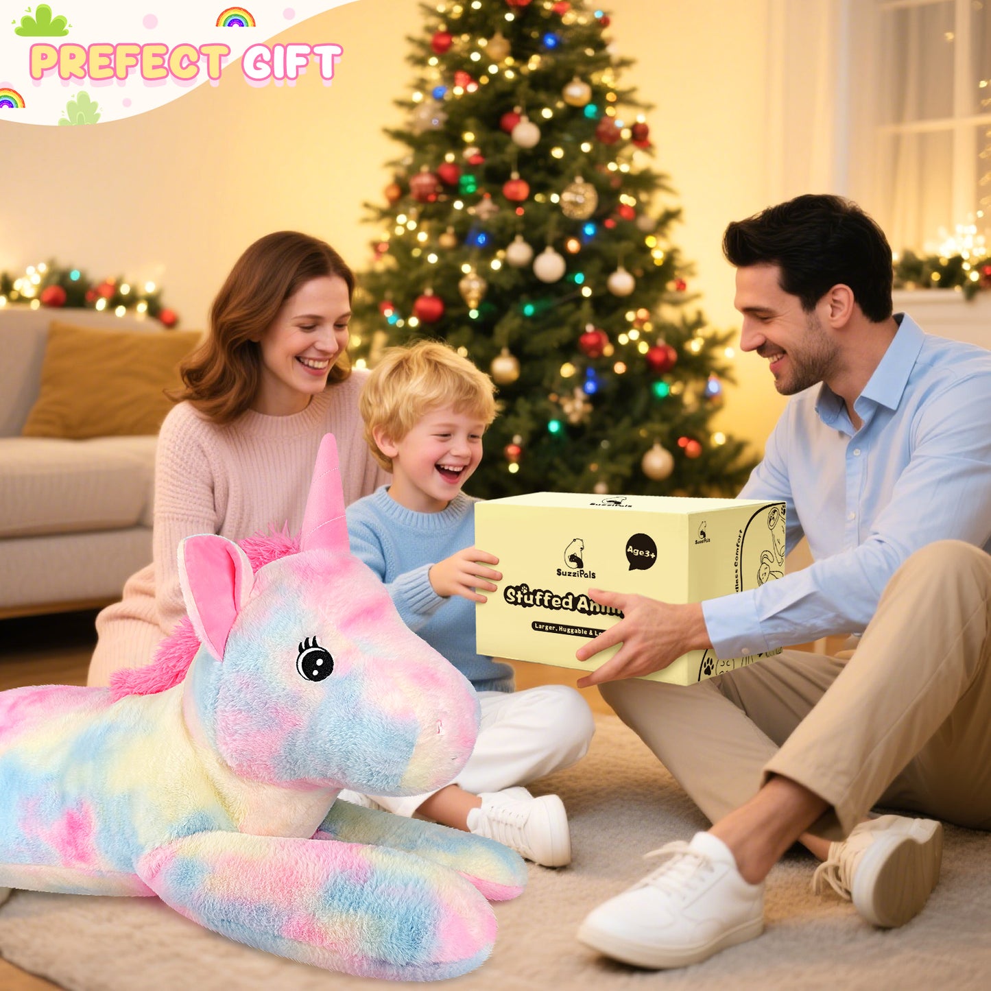 SuzziPals 43 inch Giant Unicorn Stuffed Animal, Lifelike Giant Plush Unicorn Toys for Stress Relief & Companion, Soft Big Stuffed Animals, Rainbow Unicorns Big Plushies Gifts for Kids Adults