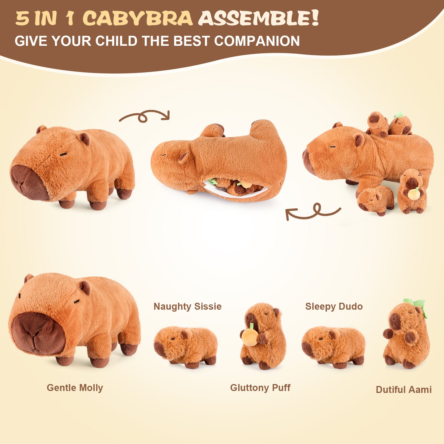 5-in-1 Capybara Stuffed Animals with Babies Inside, 5PC Set Plush with Mommy & 4 Babies, Cute 3 to 8 Year Old Girl Gifts, Imaginative Play Toys