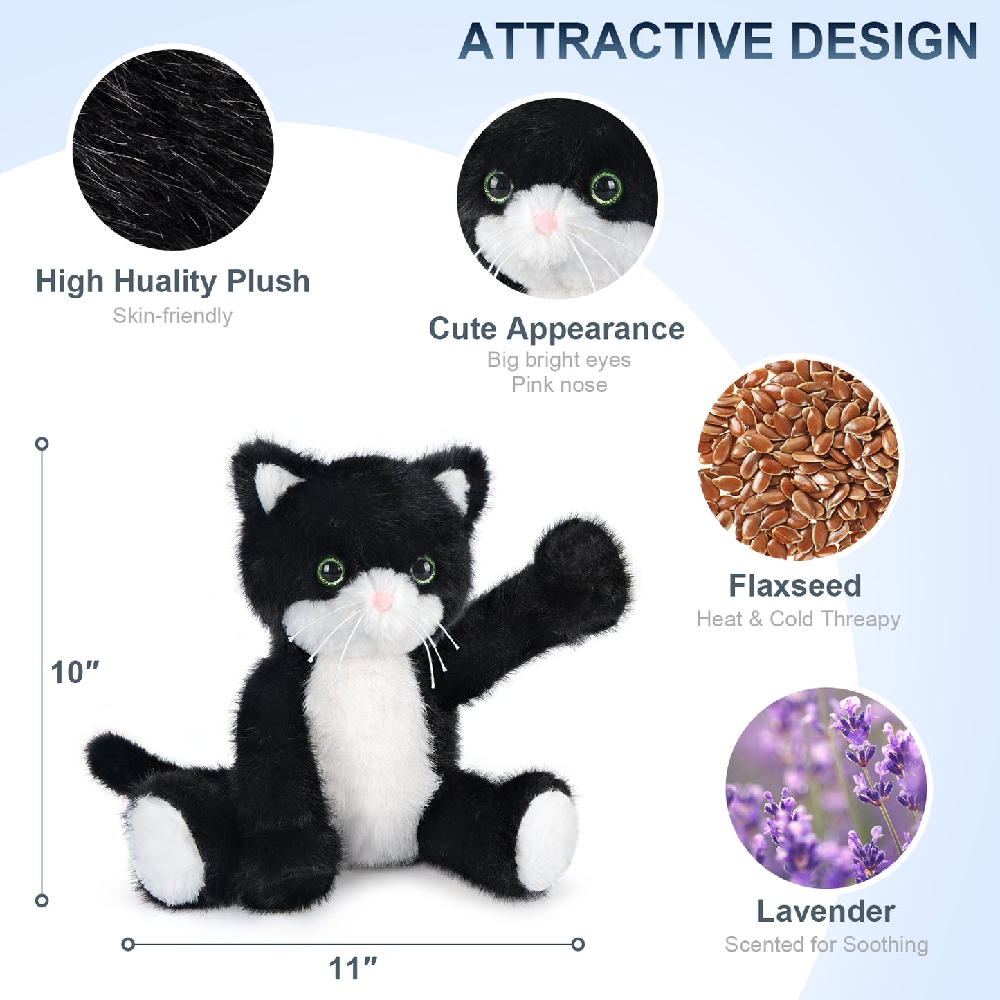 Heatable & Coolable Black and White Cat Stuffed Animal, Cat Heating Pad Microwavable for Soothing & Relaxation, Lavender Scented Tuxedo Cat Plush Toy for Stress Relief, Cat Toys for Kids