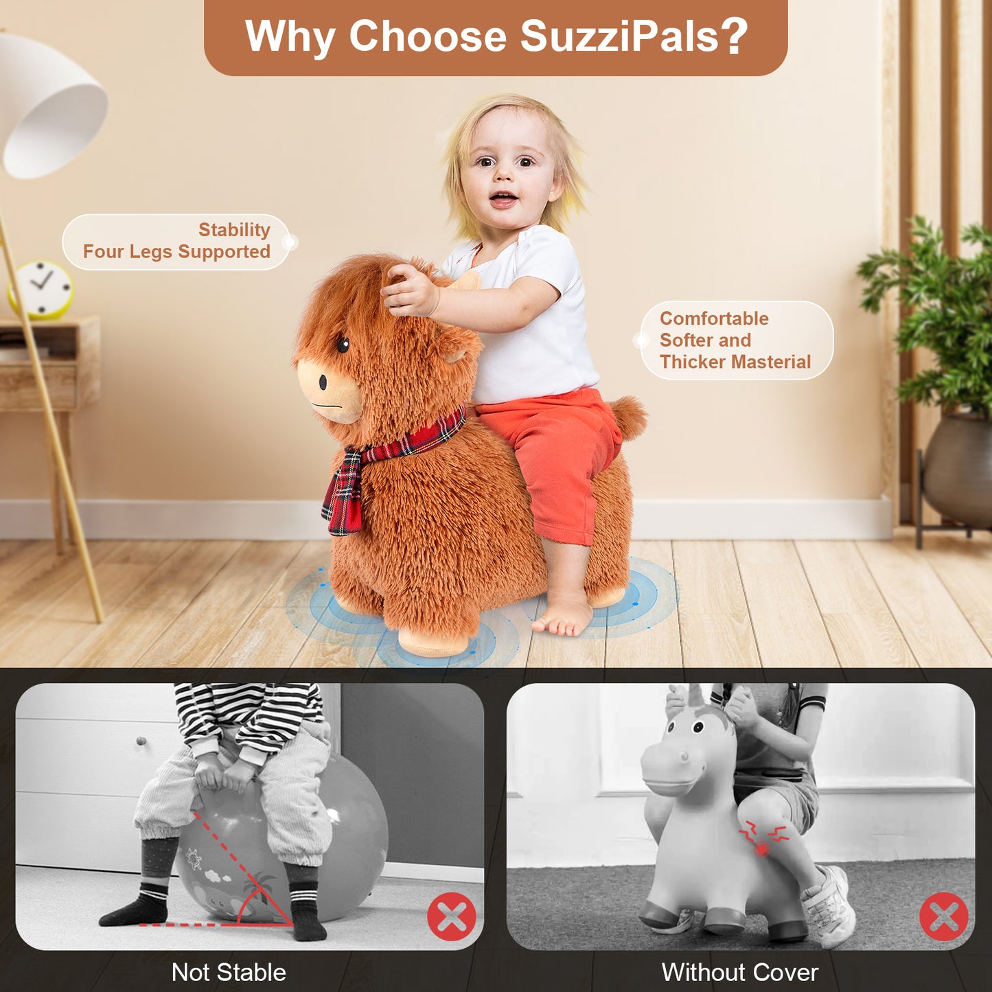 Bouncy Highland Cow Hopper Toys, Inflatable Cow Ride on Bouncer, Indoor Outdoor Highland Cow Plush Bouncy Horse for Toddlers & Kids, Bouncing Animals Toddler Toys, Toddler Gifts