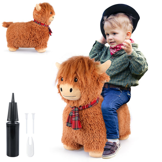 Bouncy Highland Cow Hopper Toys, Inflatable Cow Ride on Bouncer, Indoor Outdoor Highland Cow Plush Bouncy Horse for Toddlers & Kids, Bouncing Animals Toddler Toys, Toddler Gifts
