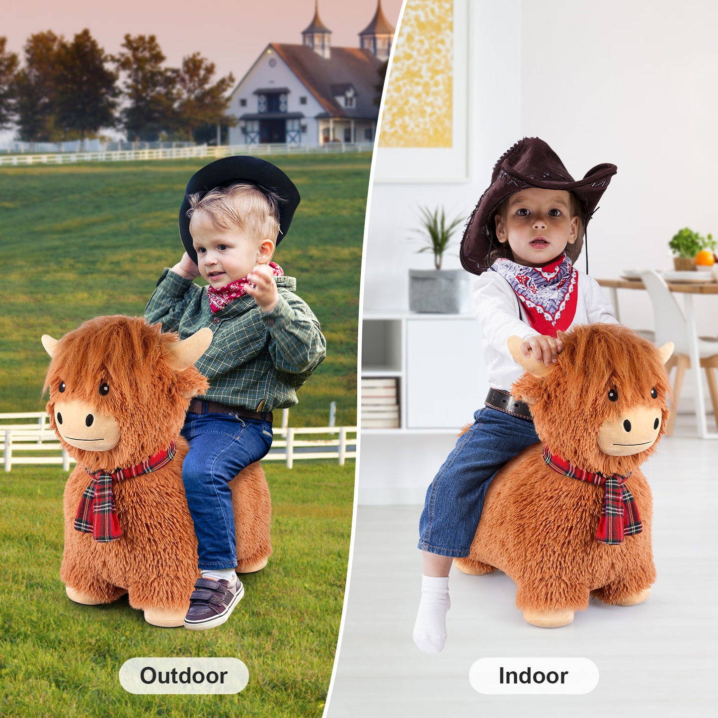 Bouncy Highland Cow Hopper Toys, Inflatable Cow Ride on Bouncer, Indoor Outdoor Highland Cow Plush Bouncy Horse for Toddlers & Kids, Bouncing Animals Toddler Toys, Toddler Gifts