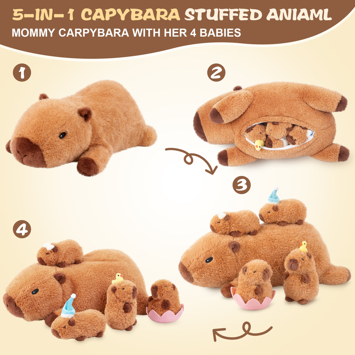 SuzziPals Lotus Capybara Plush with 4 Babies, Cute Capybara Gifts for Kids