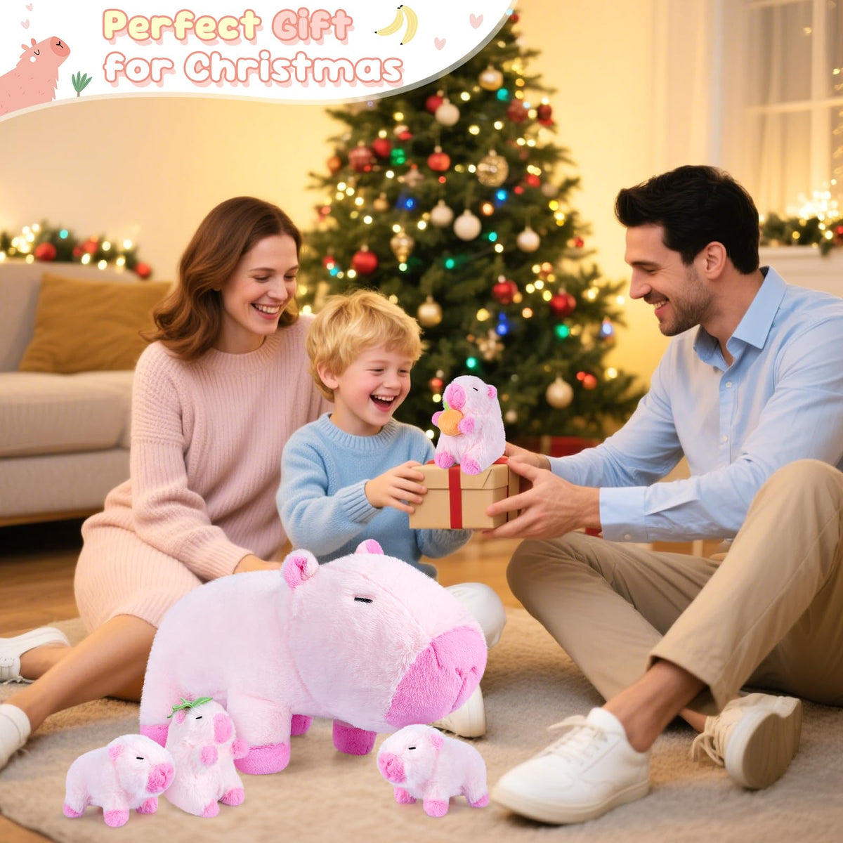 SuzziPals Pink Capybara Plush Toys with 4 Babies, Lovely Capybara Gifts