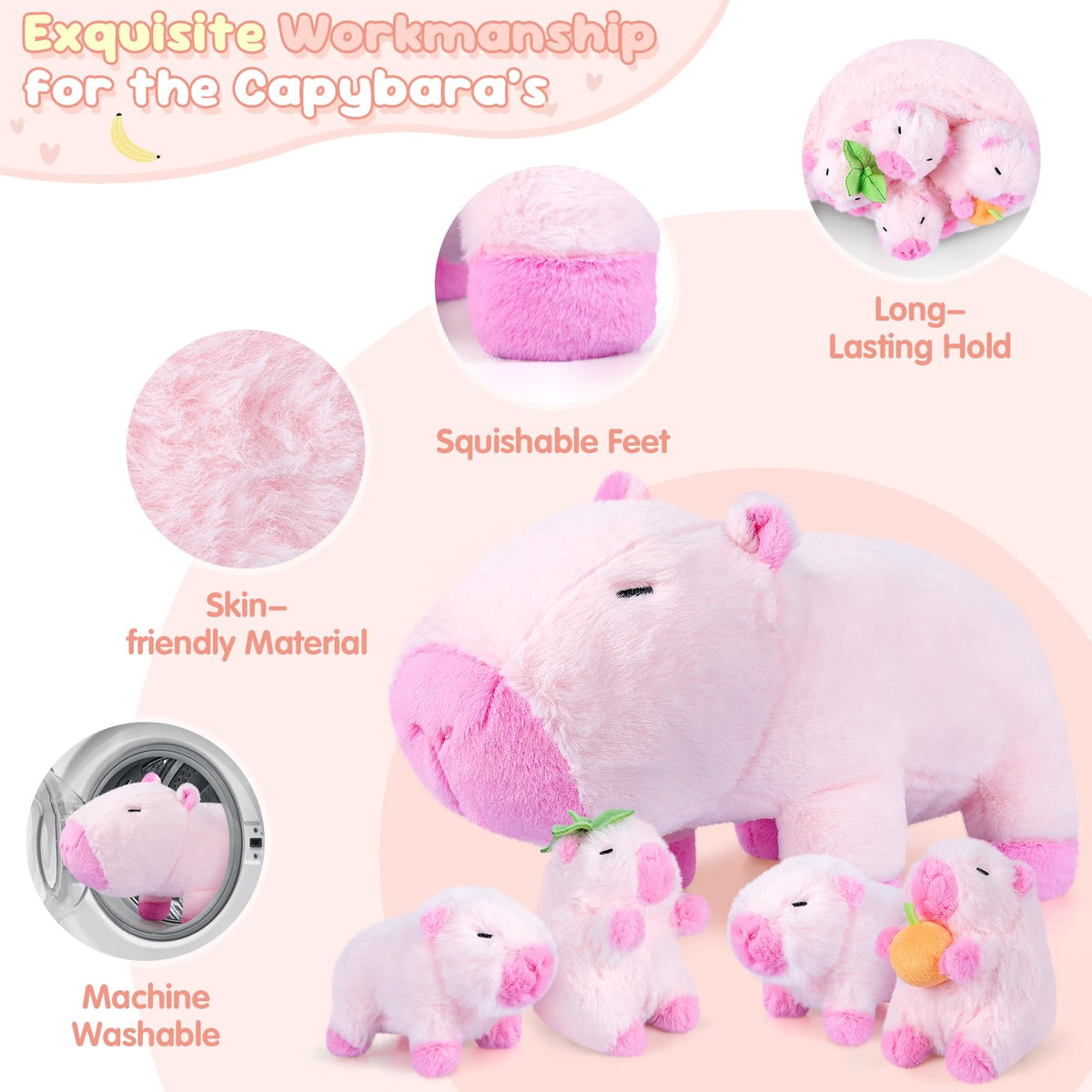 SuzziPals Pink Capybara Plush Toys with 4 Babies, Lovely Capybara Gifts
