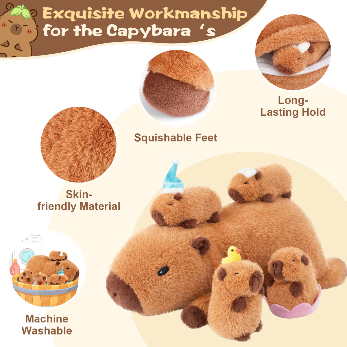 SuzziPals Lotus Capybara Plush with 4 Babies, Cute Capybara Gifts for Kids