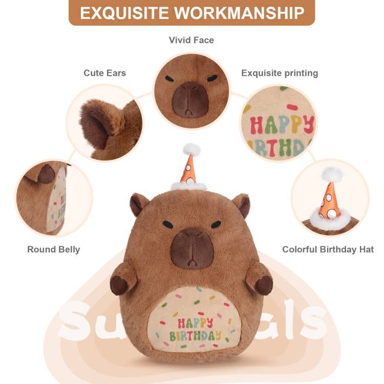 17" Happy Birthday Capybara Plush Pillows, Squish Capybara Stuffed Animals