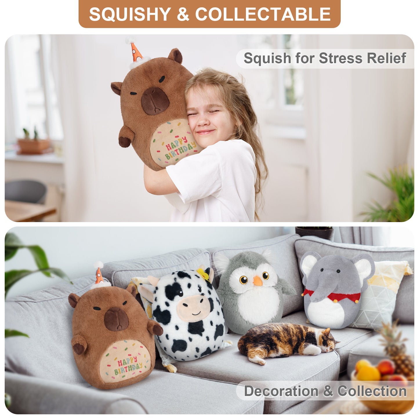 17" Happy Birthday Capybara Plush Pillows, Squish Capybara Stuffed Animals